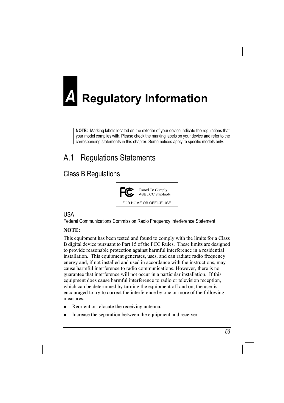 Regulatory information, Regulations statements, Class b regulations | A regulatory, Information, A.1 regulations statements | Mio 268 User Manual | Page 61 / 64