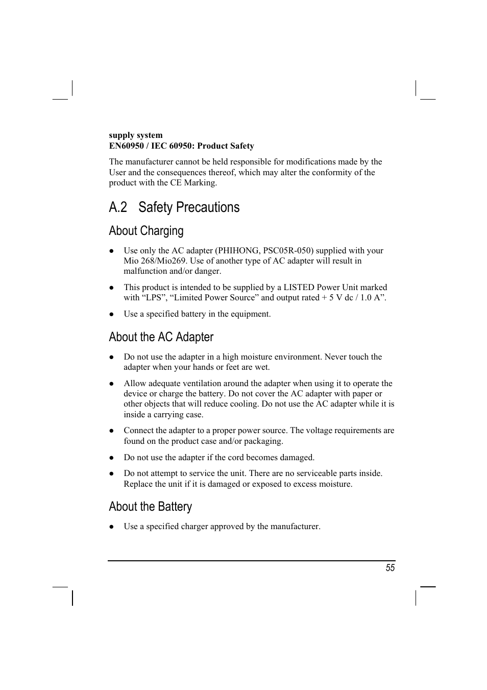 Safety precautions, About charging, About the ac adapter | About the battery, A.2 safety precautions | Mio 268 User Manual | Page 63 / 64