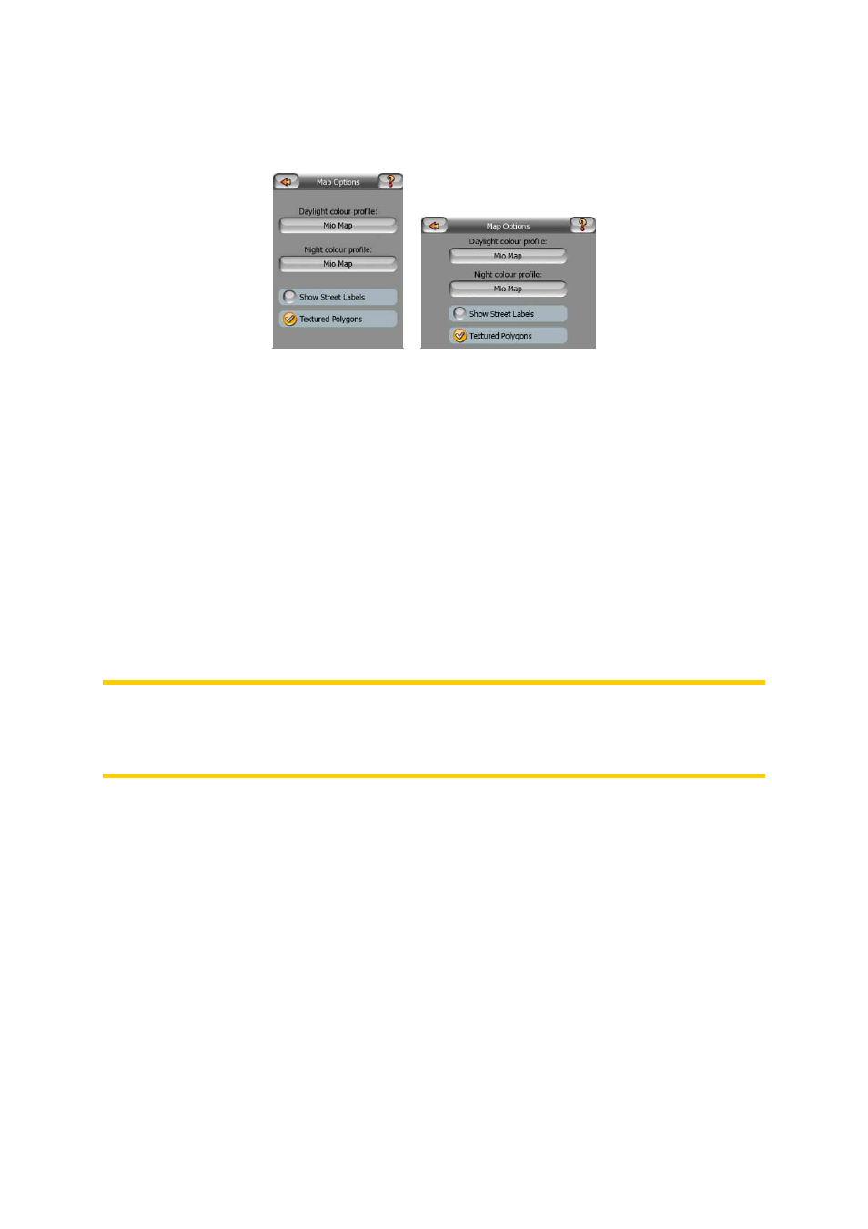 Map options, Daylight / night colour profile, Show street labels | Textured polygons, Smart zoom, 4 map, Options, 1 daylight, Night colour profile, 2 show | Mio A701 User Manual | Page 82 / 91