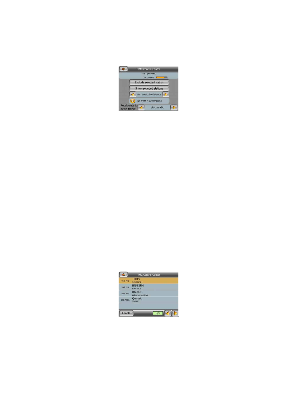 Tmc control center, Selected fm radio station, Exclude selected station | Show excluded stations, Sorts events by distance / type, 2 tmc, Control center, 1 selected, Fm radio station, 2 exclude | Mio C710 User Manual | Page 50 / 84