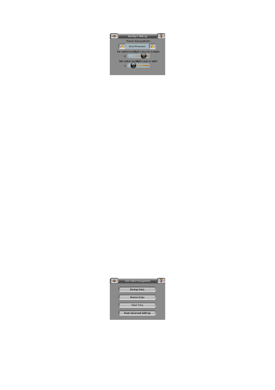 Power management, Brightness, User data management | Backup data, 1 power management 6.5.2.2 brightness, 3 user, Data management, 1 backup data | Mio C710 User Manual | Page 74 / 84