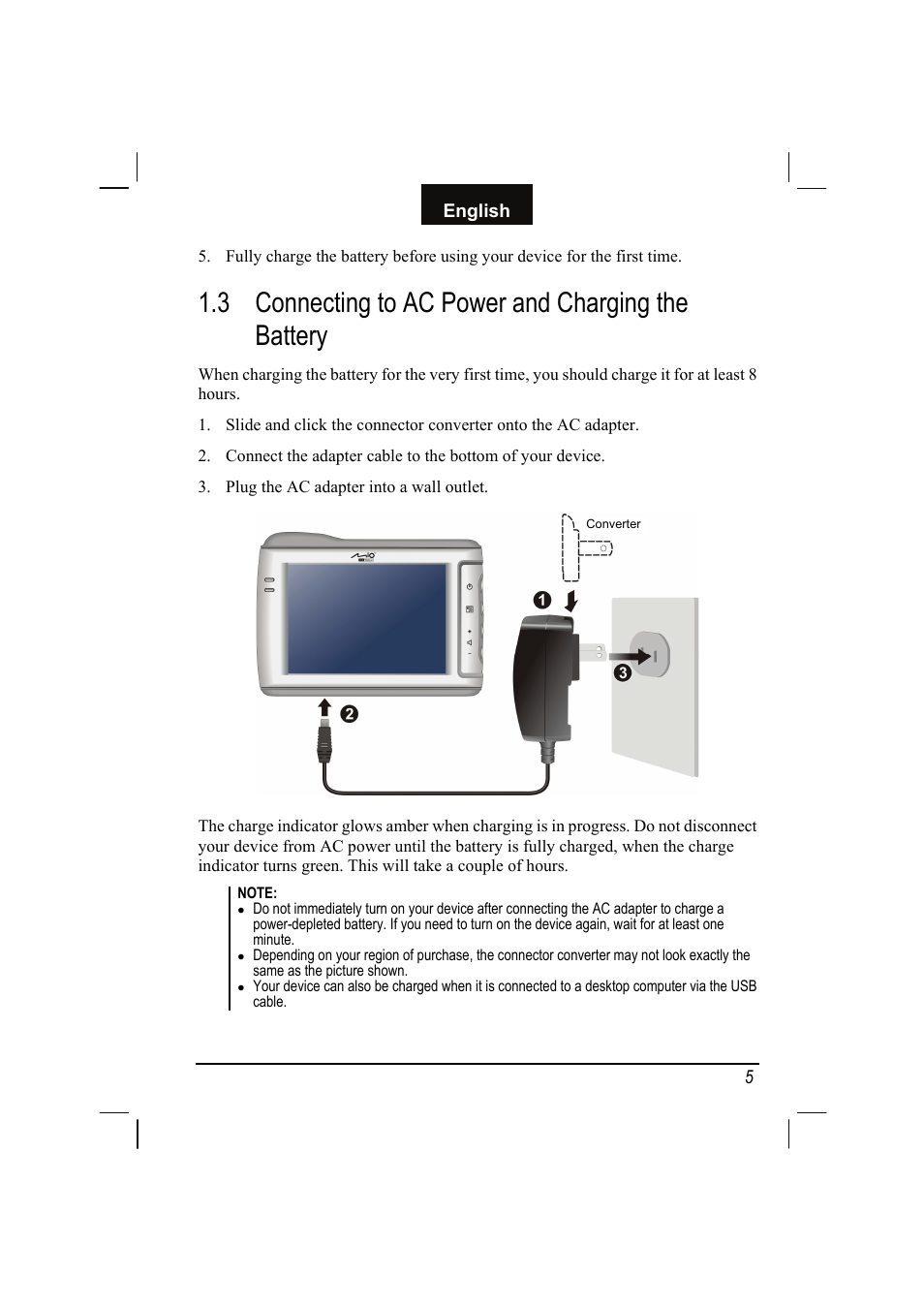3 connecting to ac power and charging the battery, Connecting to ac power and charging the battery | Mio C310 User Manual | Page 11 / 48