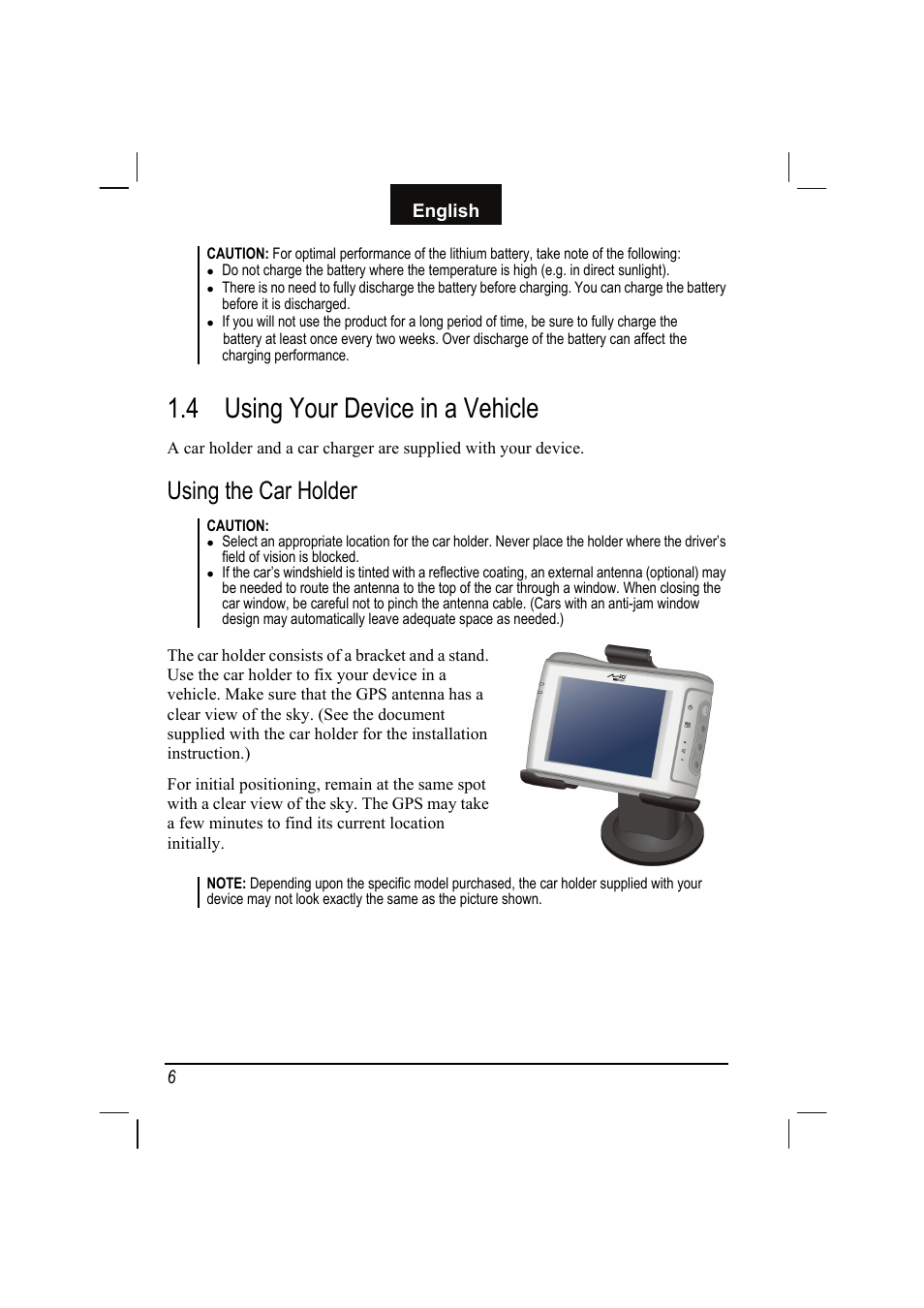 4 using your device in a vehicle, Using the car holder, Using your device in a vehicle | English | Mio C310 User Manual | Page 12 / 48