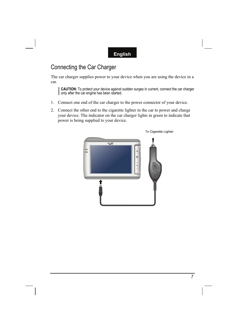 Connecting the car charger | Mio C310 User Manual | Page 13 / 48