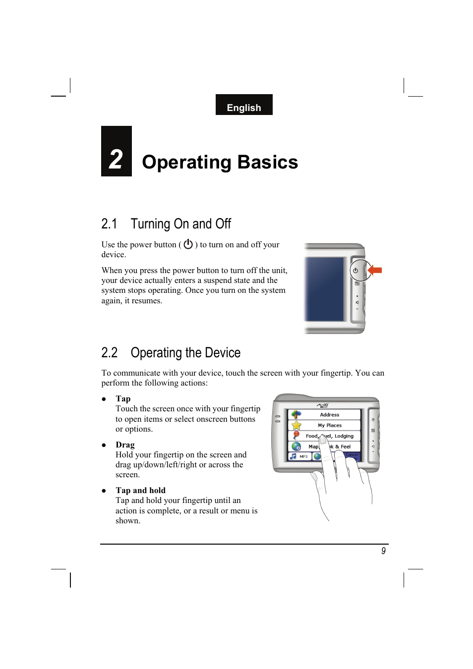 2 operating basics, 1 turning on and off, 2 operating the device | Operating basics, Turning on and off, Operating the device | Mio C310 User Manual | Page 15 / 48