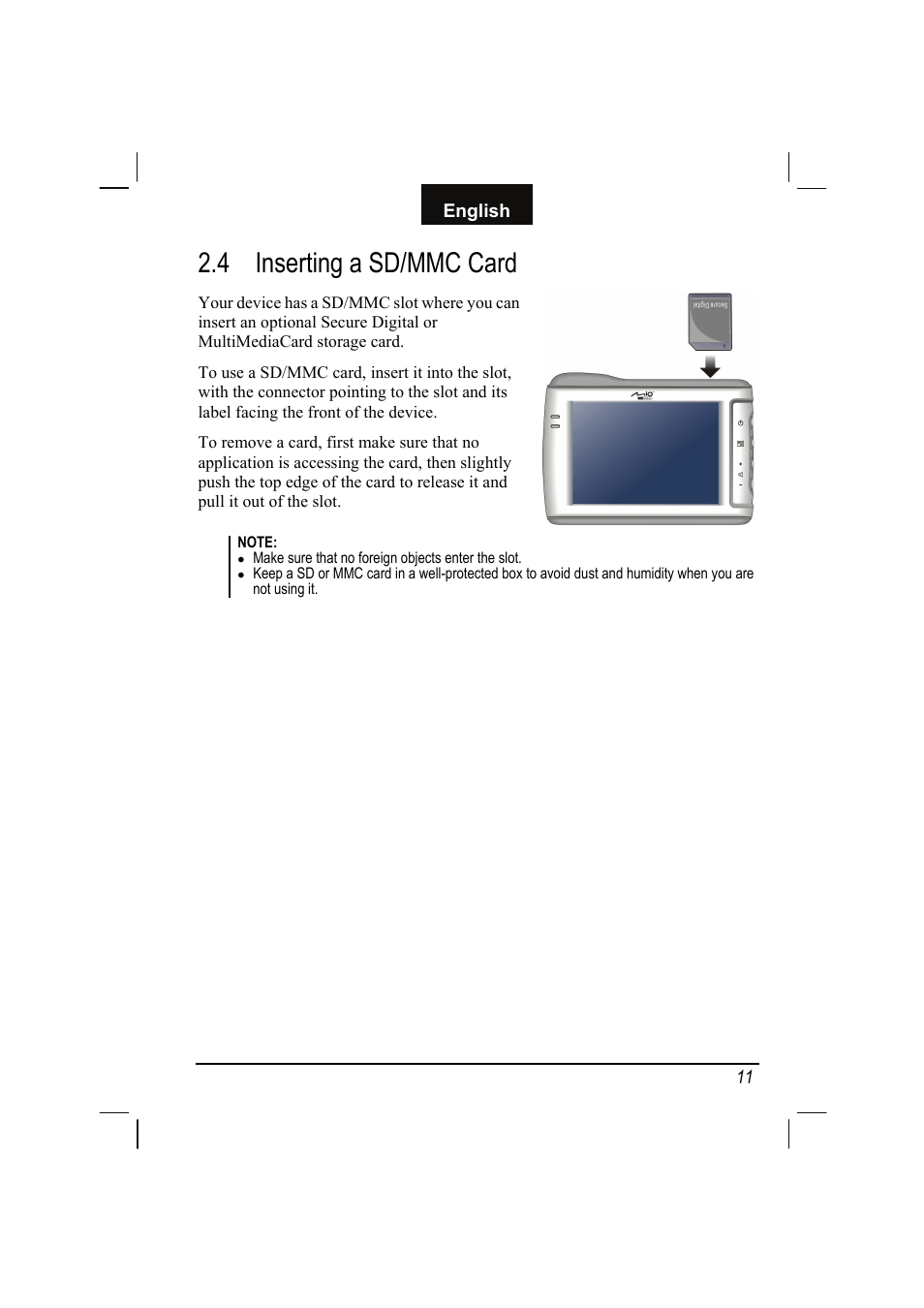 4 inserting a sd/mmc card, Inserting a sd/mmc card | Mio C310 User Manual | Page 17 / 48
