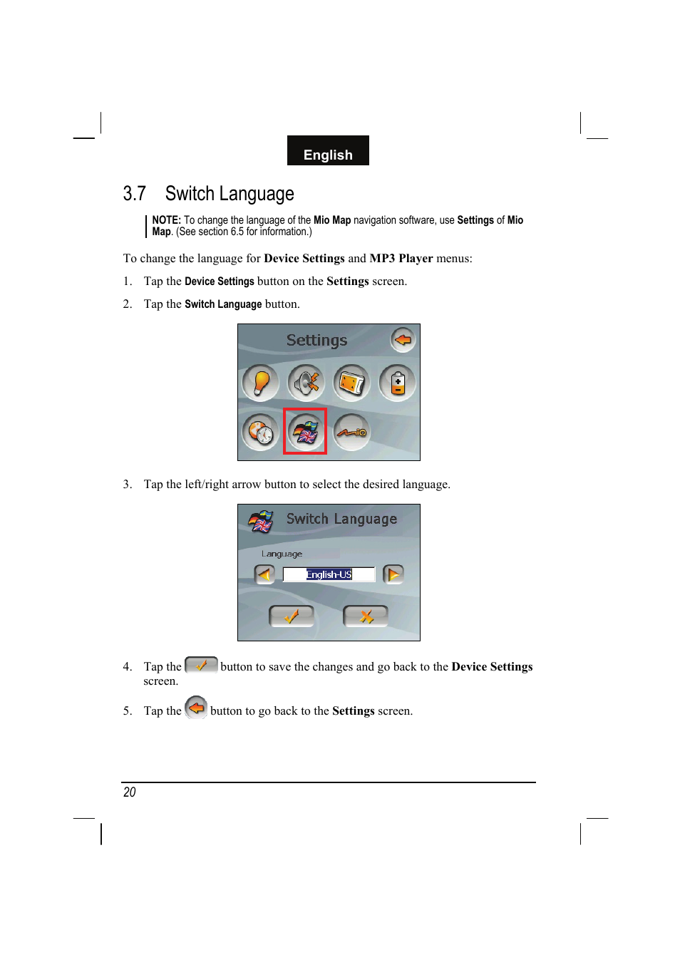 7 switch language, Switch language | Mio C310 User Manual | Page 26 / 48