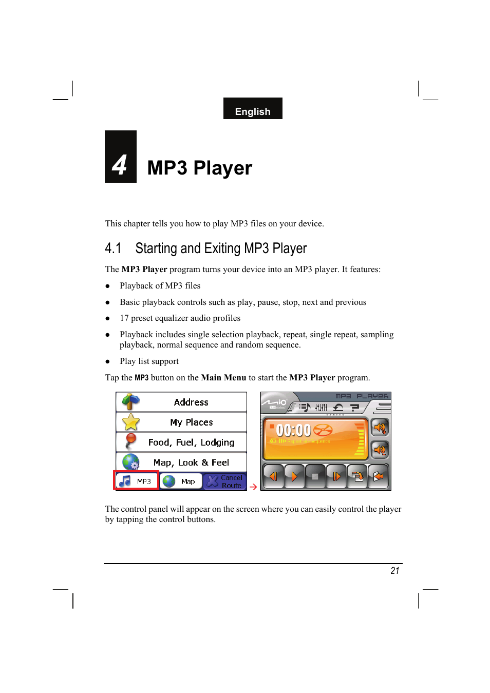 4 mp3 player, 1 starting and exiting mp3 player, Mp3 player | Starting and exiting mp3 player | Mio C310 User Manual | Page 27 / 48