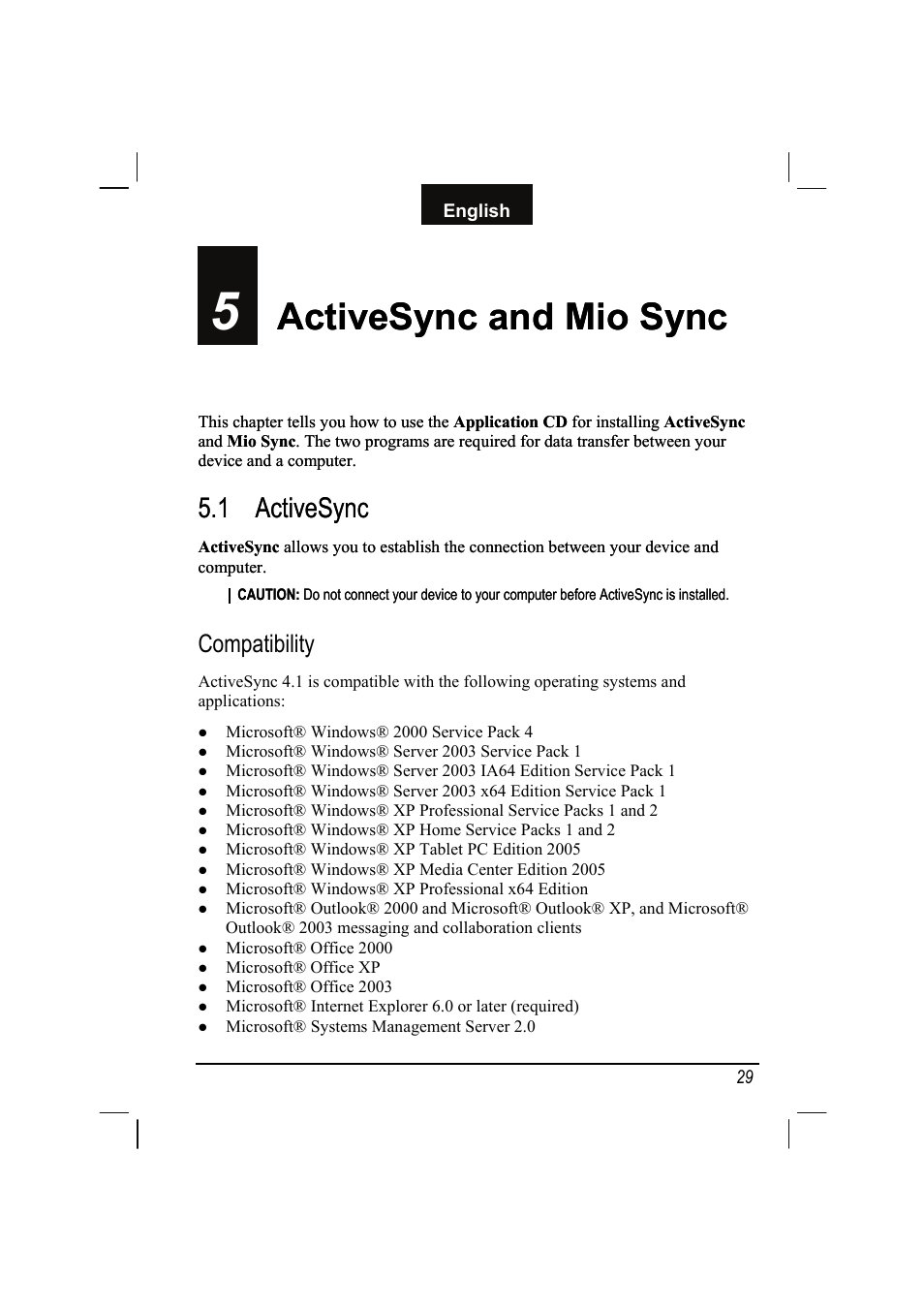 5 activesync and mio sync, 1 activesync, Compatibility | Activesync and mio sync, Activesync | Mio C310 User Manual | Page 35 / 48