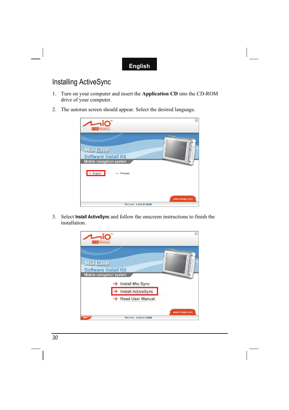 Installing activesync | Mio C310 User Manual | Page 36 / 48