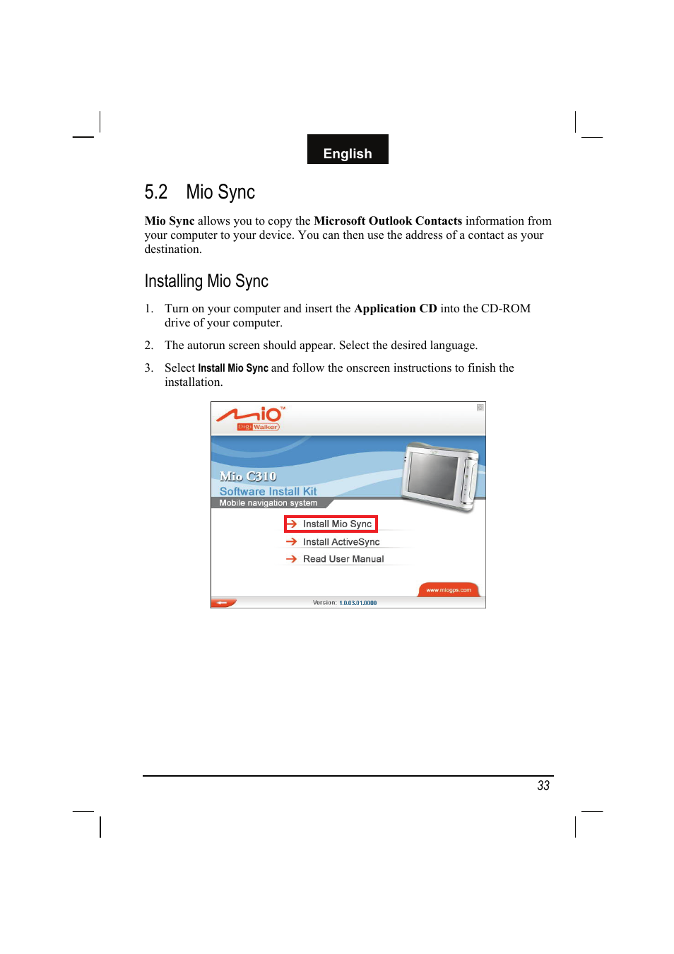 2 mio sync, Installing mio sync, Mio sync | Mio C310 User Manual | Page 39 / 48