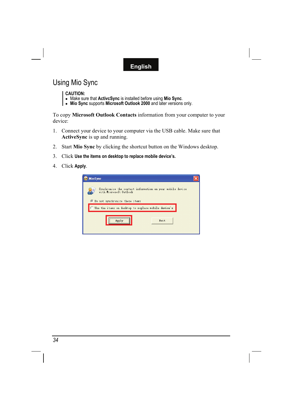 Using mio sync | Mio C310 User Manual | Page 40 / 48