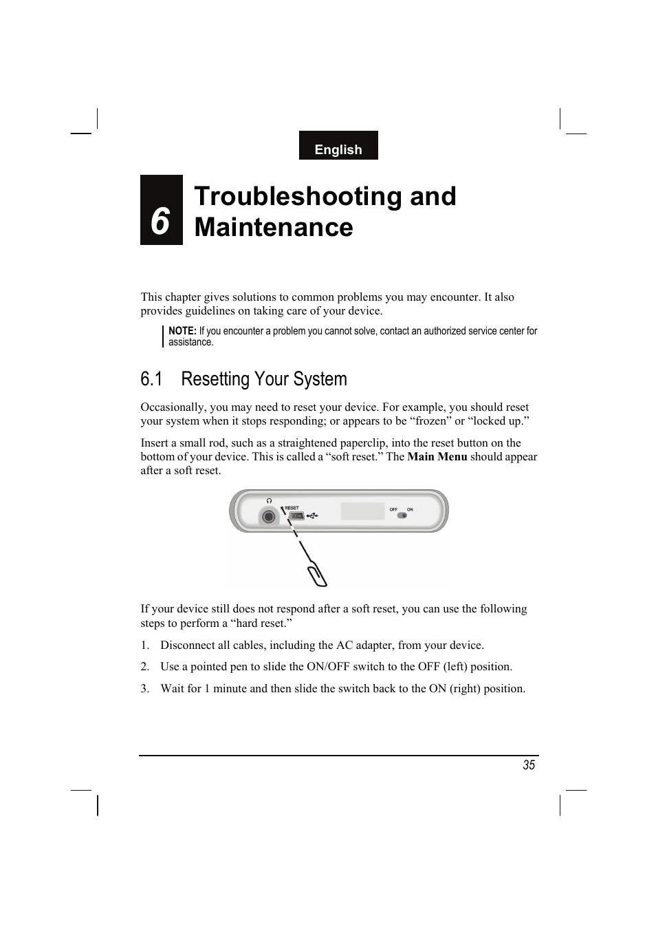 6 troubleshooting and maintenance, 1 resetting your system, Troubleshooting and maintenance | Resetting your system | Mio C310 User Manual | Page 41 / 48