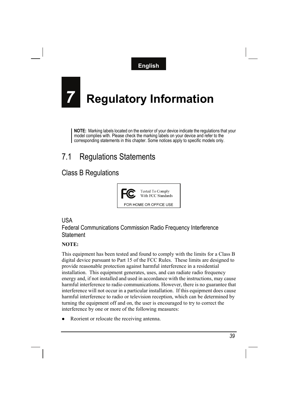 7 regulatory information, 1 regulations statements, Class b regulations | Regulatory information, Regulations statements | Mio C310 User Manual | Page 45 / 48