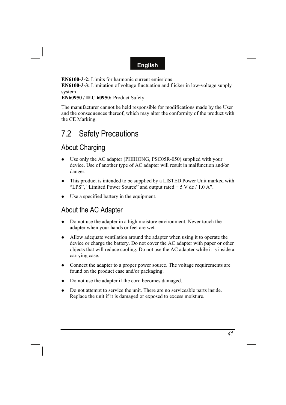 2 safety precautions, About charging, About the ac adapter | Safety precautions, English | Mio C310 User Manual | Page 47 / 48