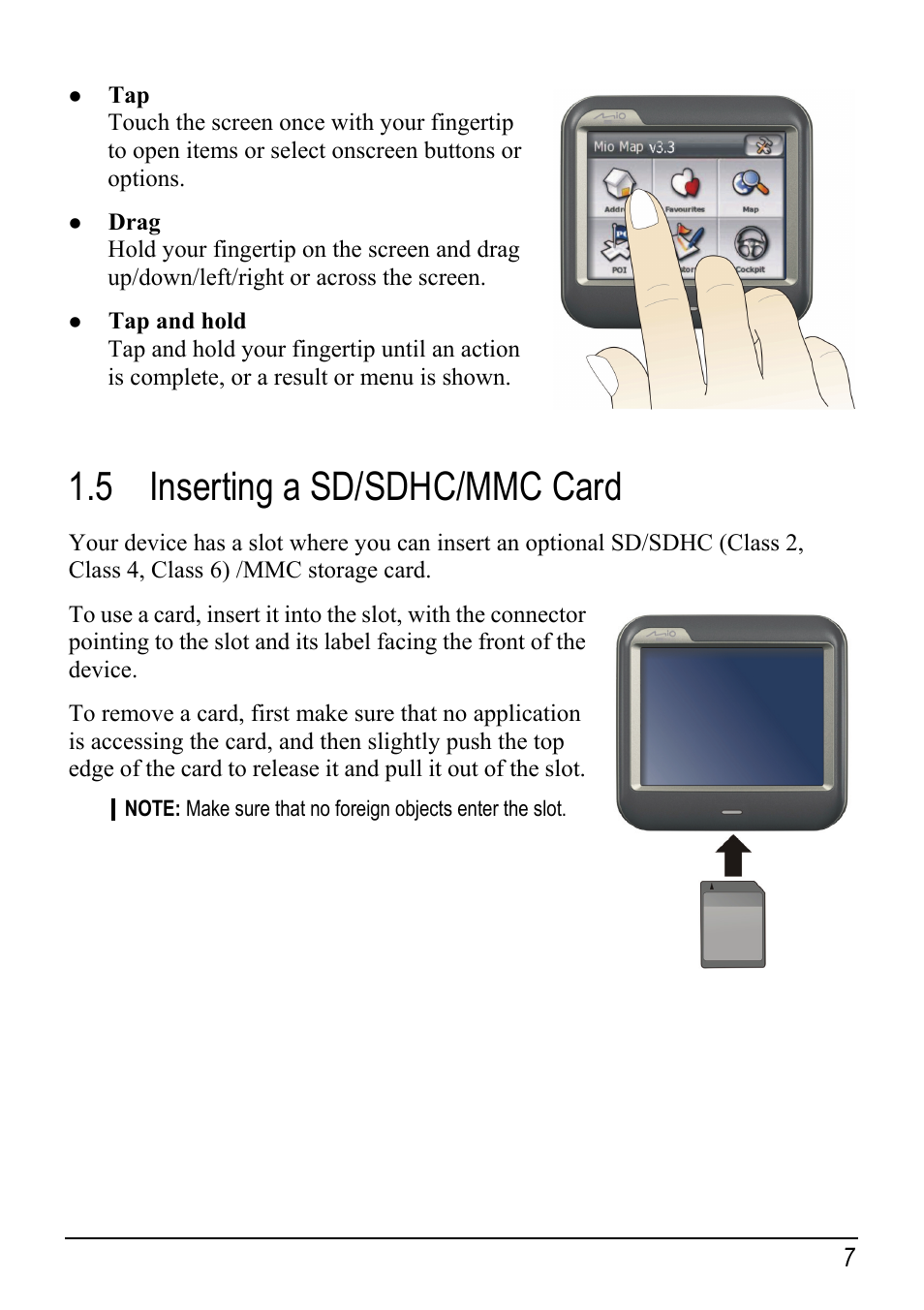 5 inserting a sd/sdhc/mmc card, Inserting a sd/sdhc/mmc card | Mio DIGIWALKER C230 User Manual | Page 13 / 21