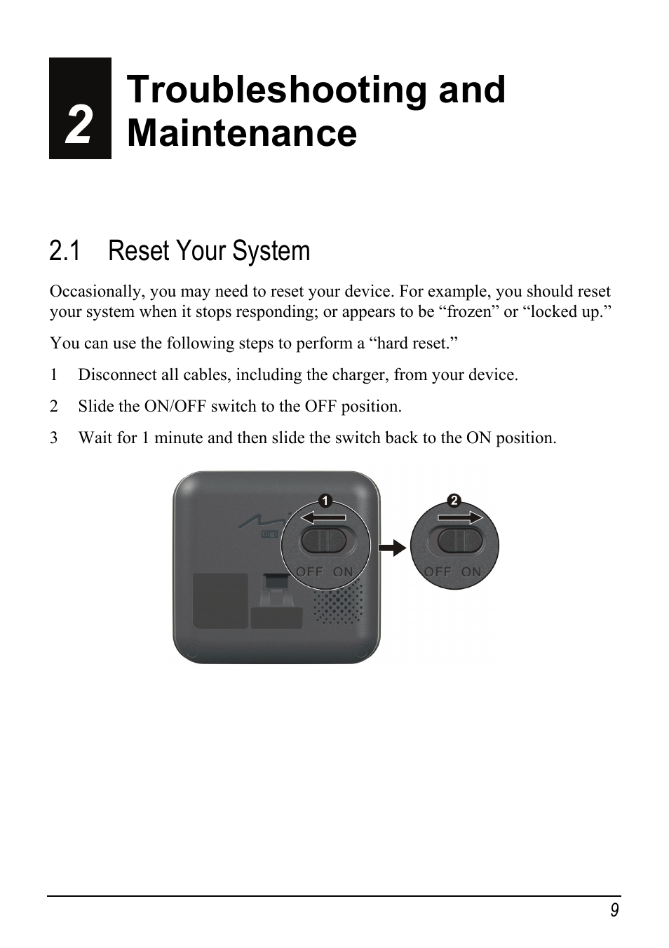 Troubleshooting and maintenance, 1 reset your system, Reset your system | Mio DIGIWALKER C230 User Manual | Page 15 / 21