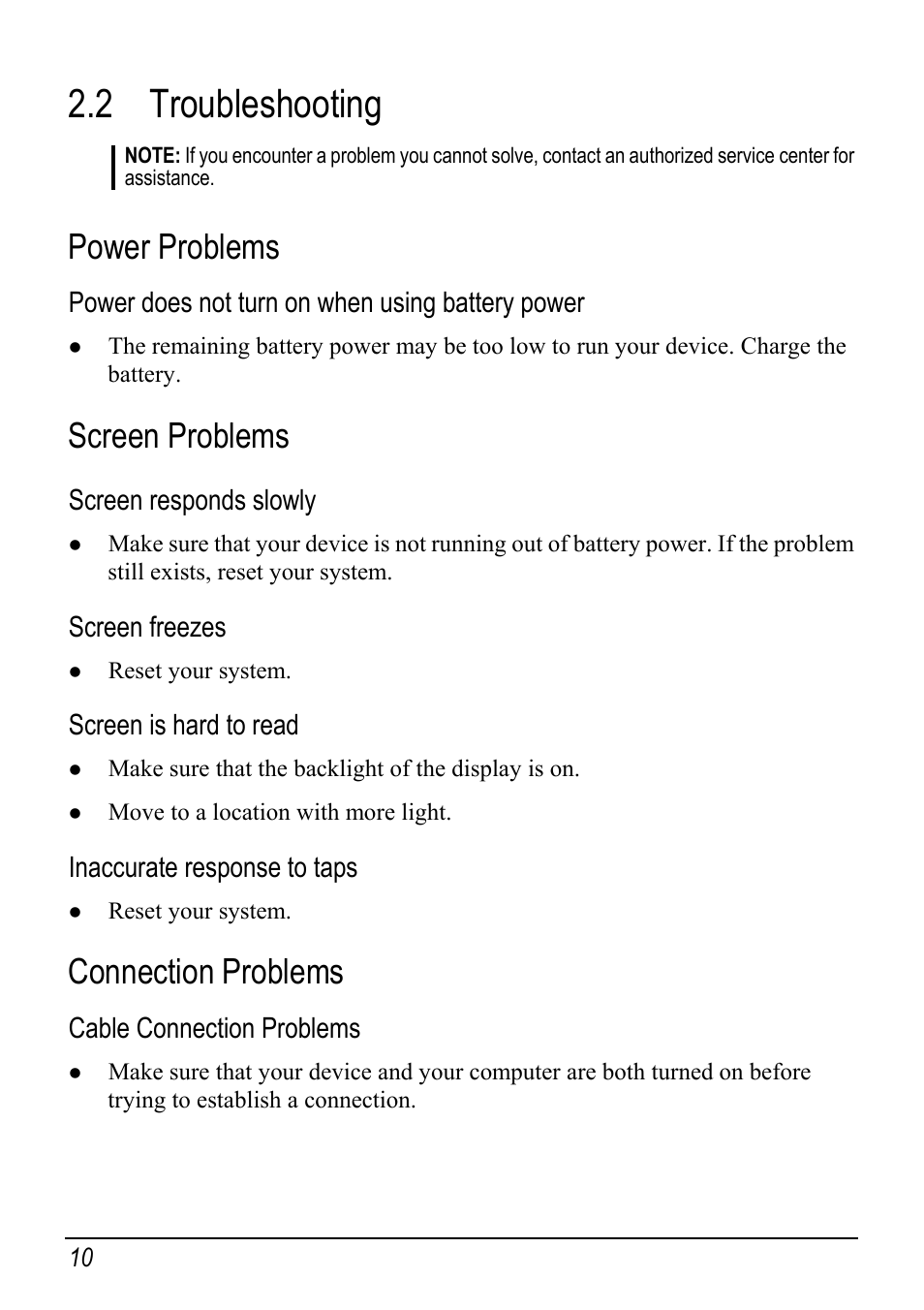 2 troubleshooting, Power problems, Screen problems | Connection problems, Troubleshooting, Power does not turn on when using battery power, Screen responds slowly, Screen freezes, Screen is hard to read, Inaccurate response to taps | Mio DIGIWALKER C230 User Manual | Page 16 / 21