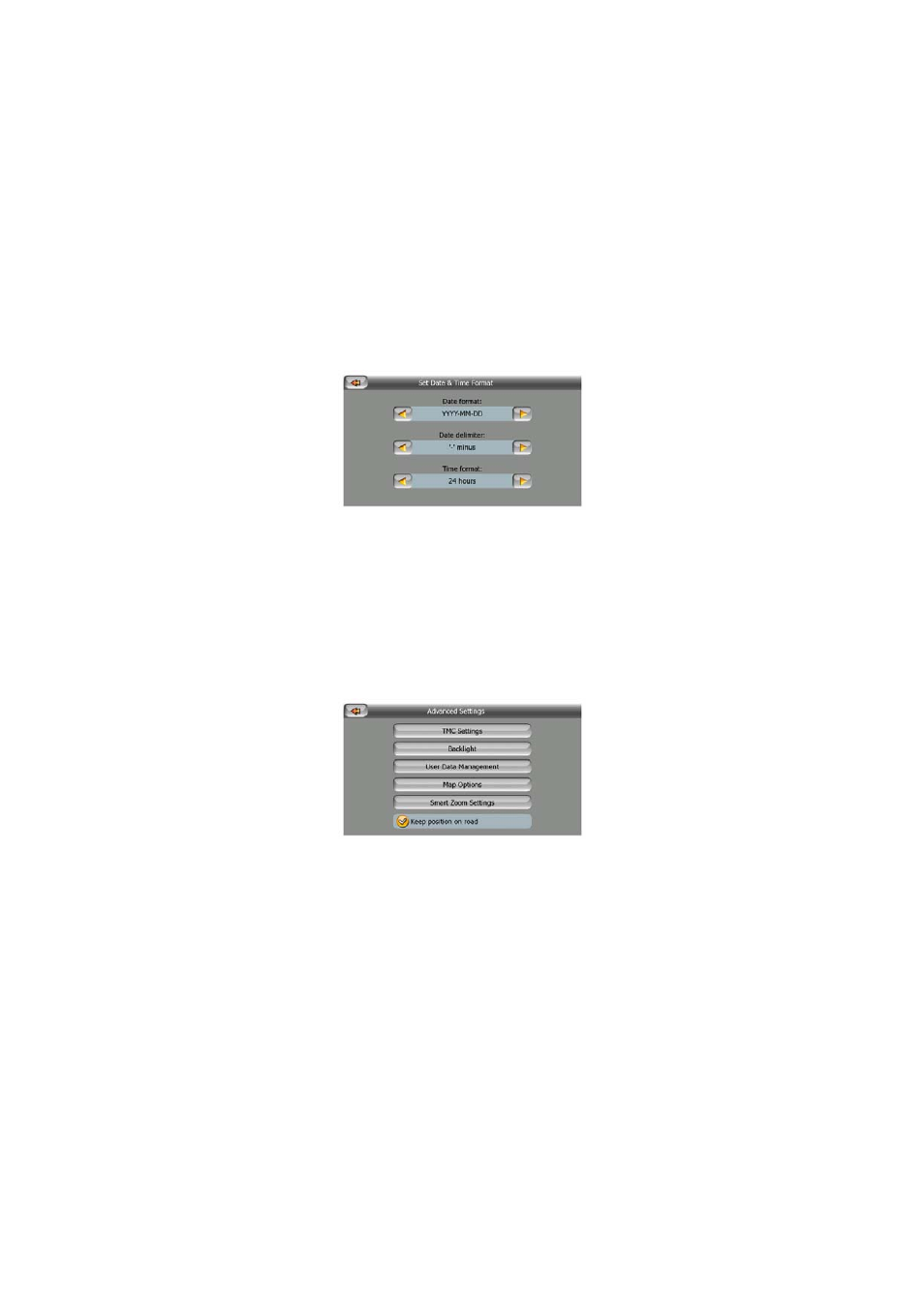 Units, Set date & time format, Advanced settings | Tmc settings, Backlight settings | Mio MioMap v3.3 C320 User Manual | Page 82 / 93