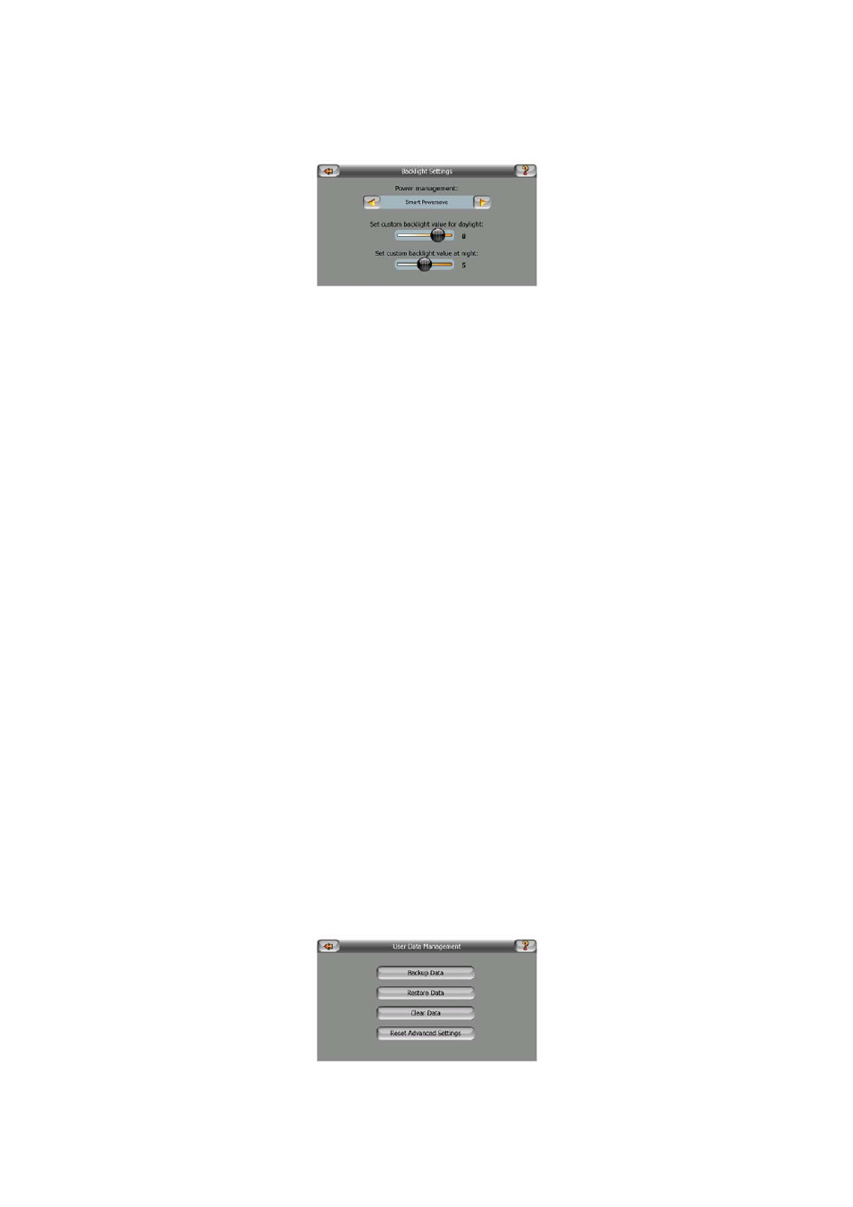 Power management, Brightness, User data management | Mio MioMap v3.3 C320 User Manual | Page 83 / 93