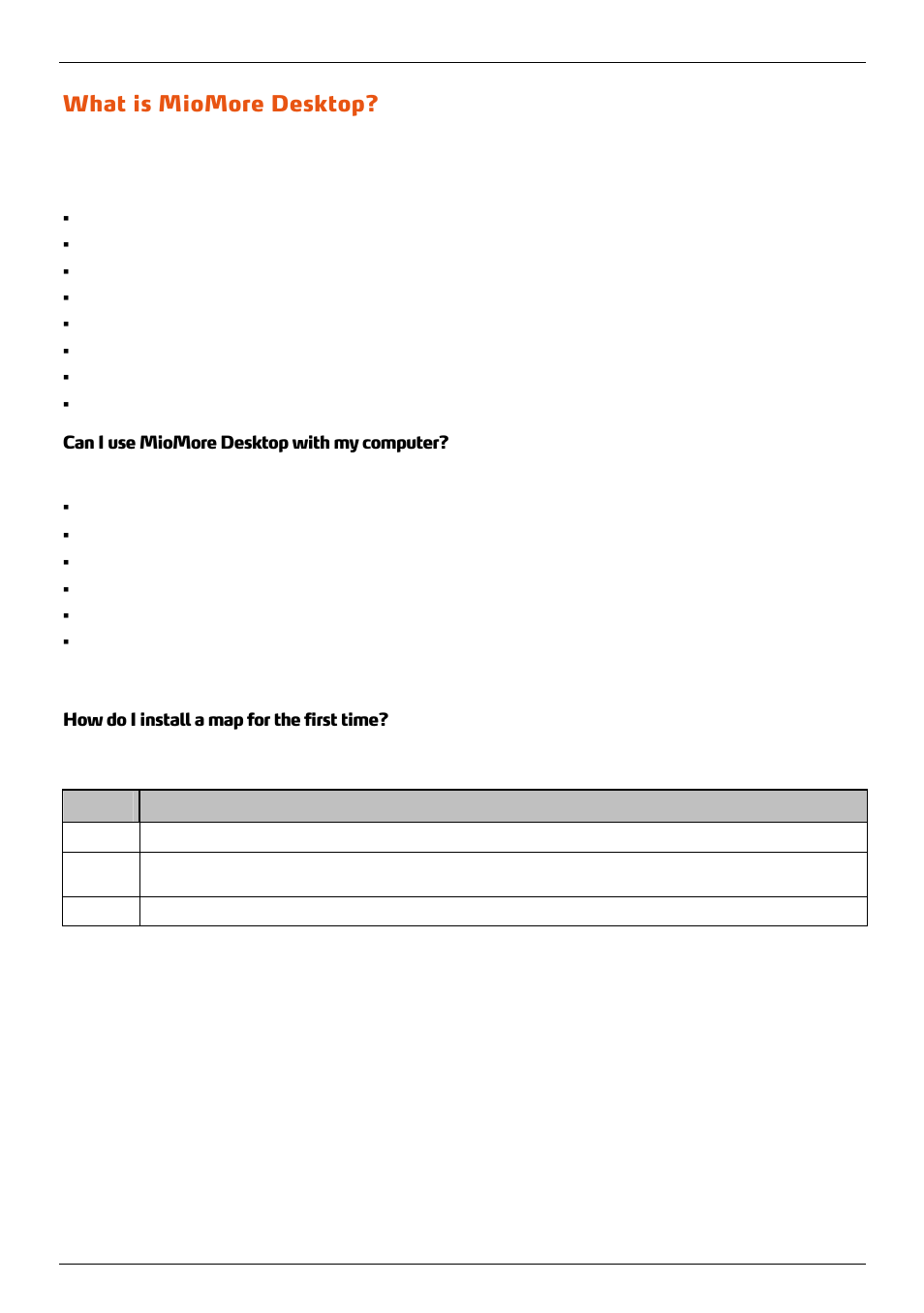 What is miomore desktop, Can i use miomore desktop with my computer, How do i install a map for the first time | Mio 300-Series User Manual | Page 100 / 132