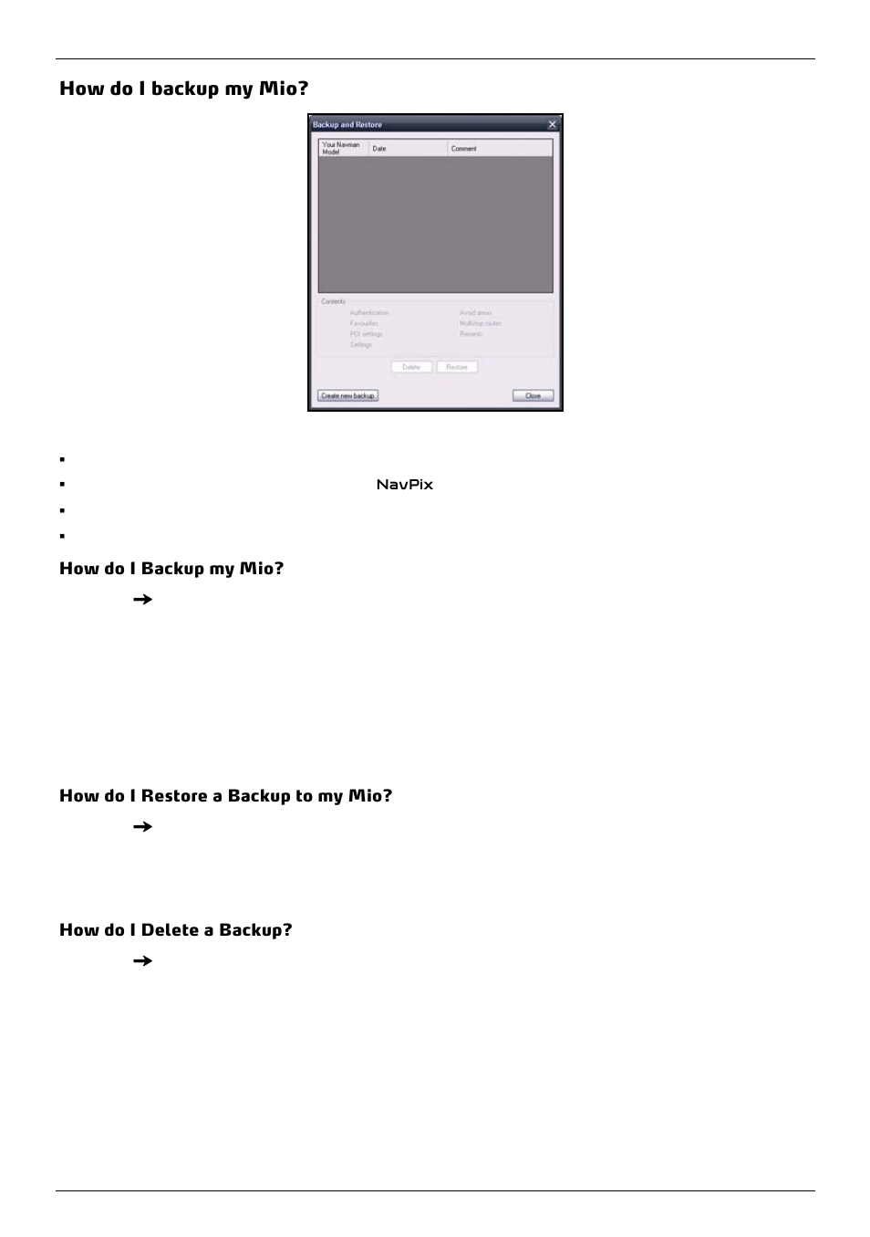 How do i backup my mio, How do i restore a backup to my mio, How do i delete a backup | Mio 300-Series User Manual | Page 124 / 132