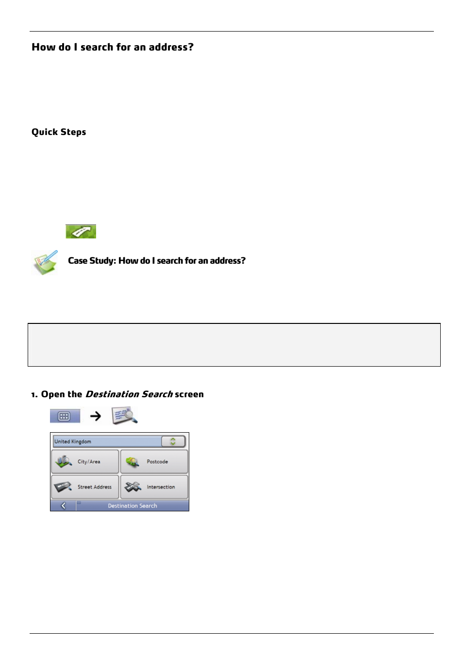 How do i search for an address, Case study: how do i search for an address, Destination search | Mio 300-Series User Manual | Page 20 / 132