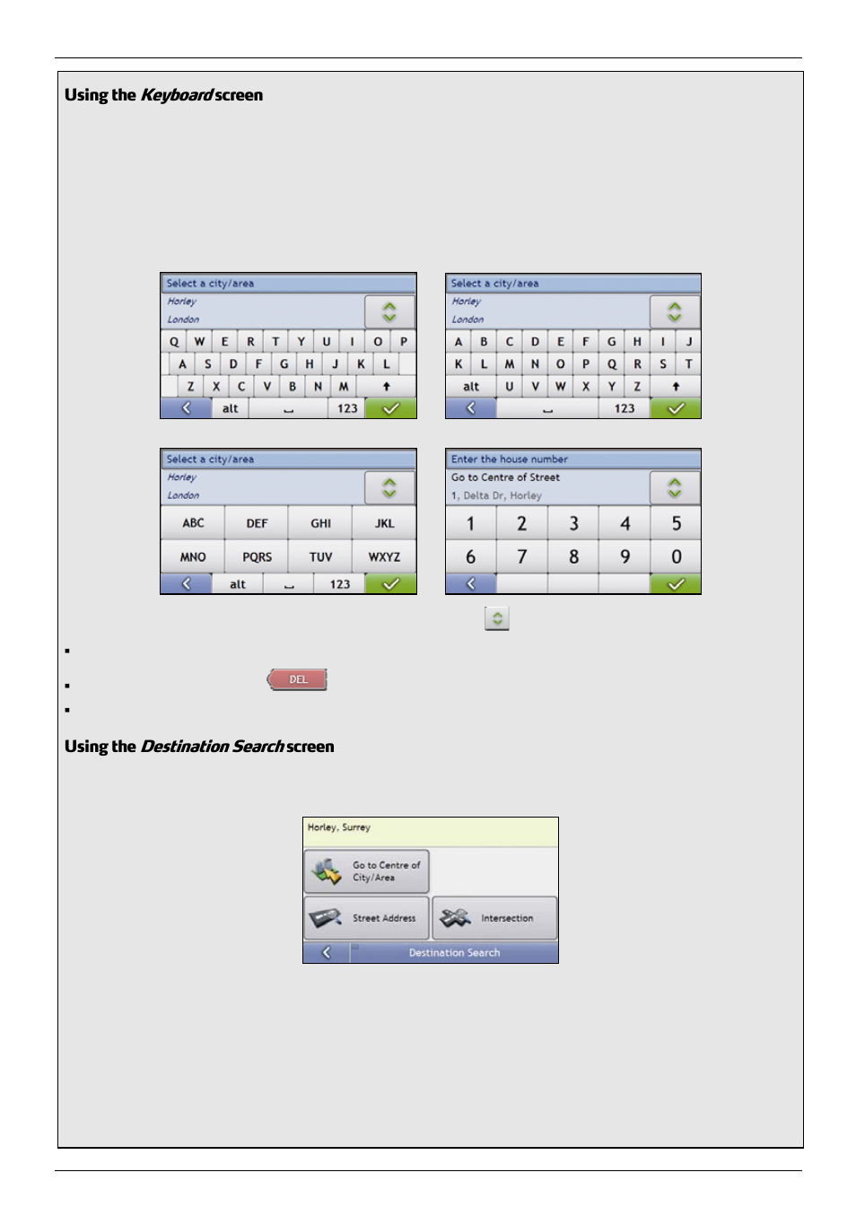 Using the keyboard screen, Using the destination search screen, Keyboard | Destination search | Mio 300-Series User Manual | Page 22 / 132