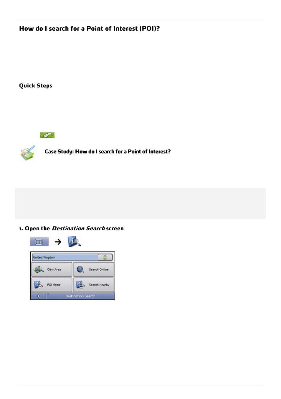 How do i search for a point of interest (poi), Destination search | Mio 300-Series User Manual | Page 29 / 132