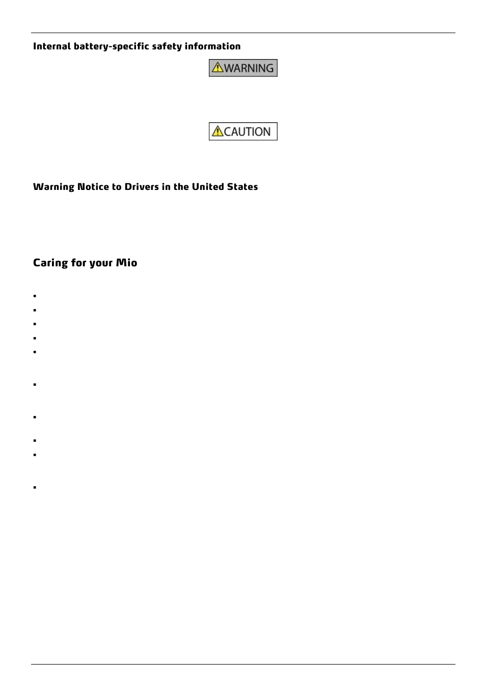 Caring for your mio, Internal battery-specific safety information, Warning notice to drivers in the united states | Mio 300-Series User Manual | Page 3 / 132