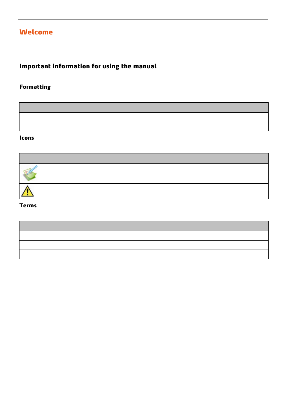 Welcome, Important information for using the manual, Formatting | Icons, Terms | Mio 300-Series User Manual | Page 7 / 132