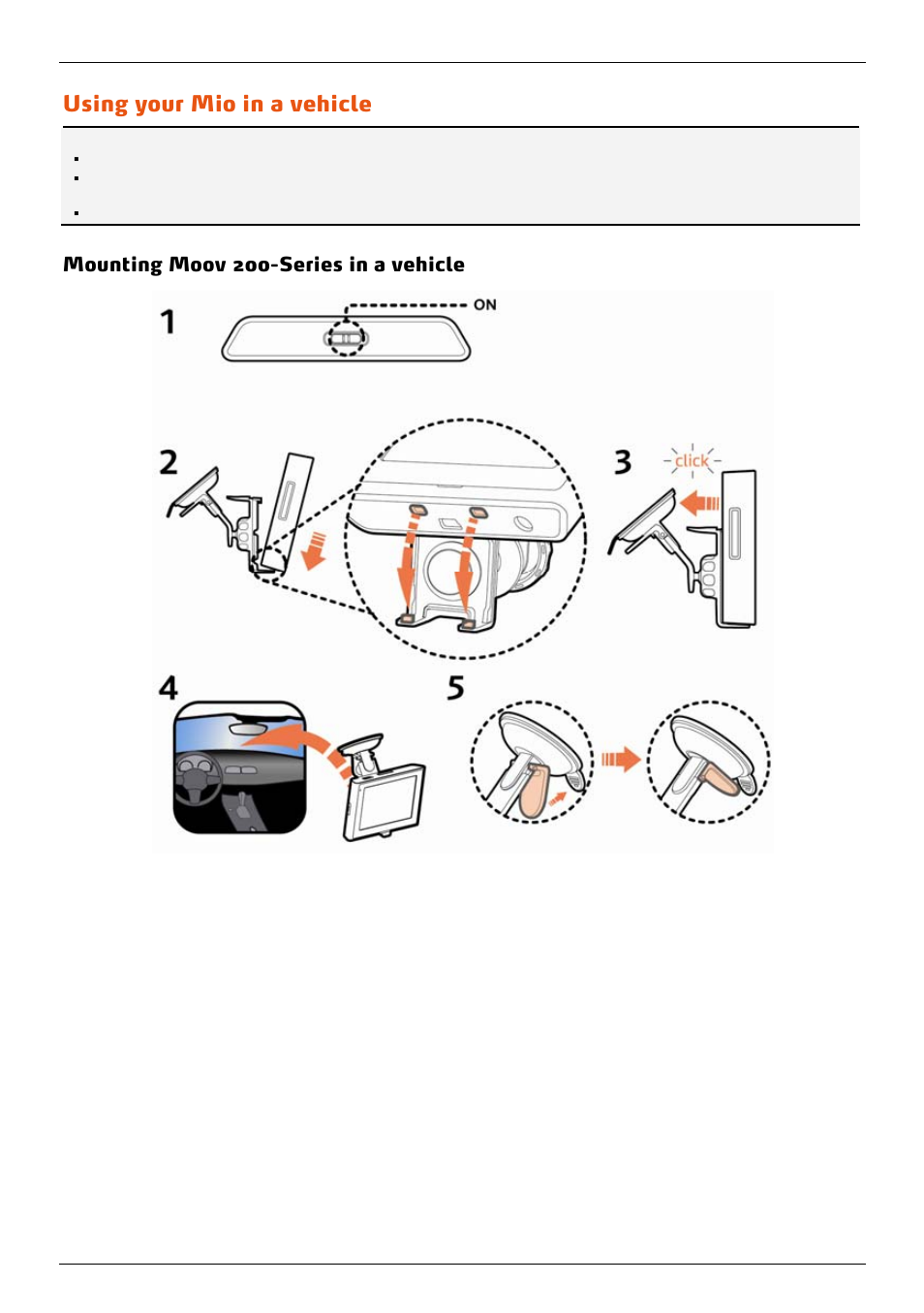 Using your mio in a vehicle, Mounting moov 200-series in a vehicle | Mio 300-Series User Manual | Page 8 / 132