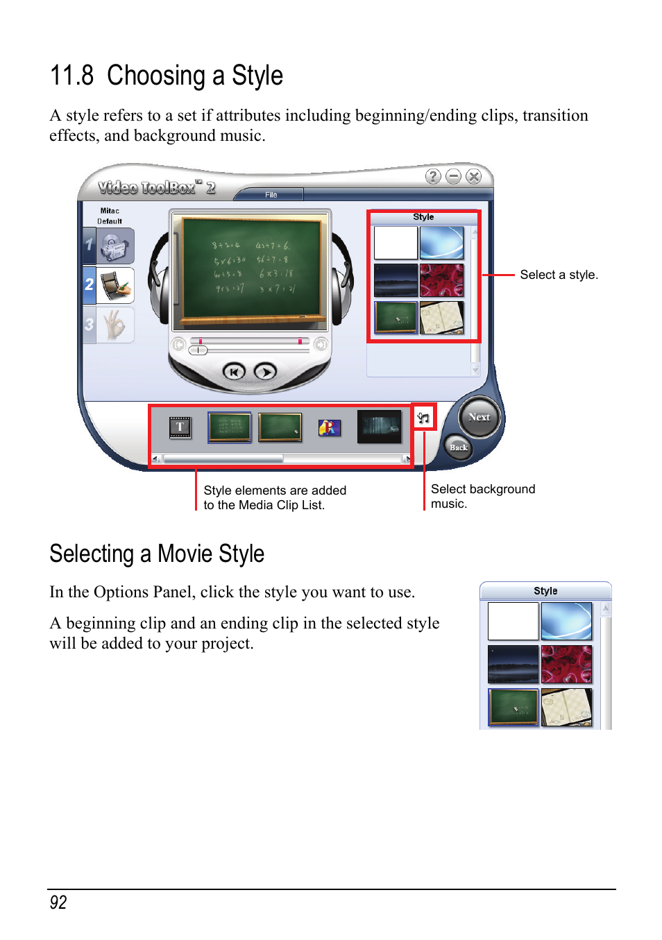 8 choosing a style, Selecting a movie style, Choosing a style | Mio H610 User Manual | Page 100 / 110