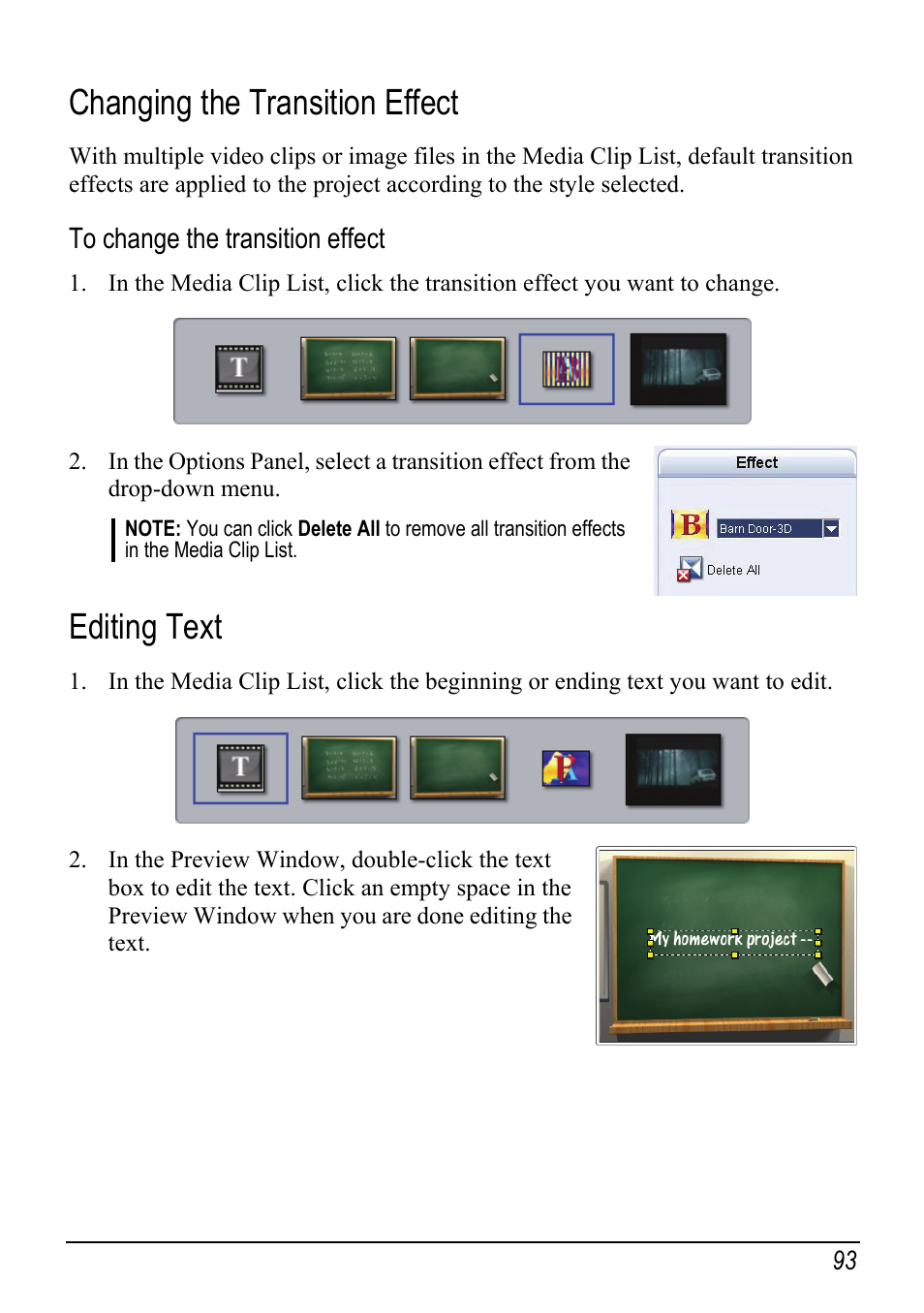 Changing the transition effect, To change the transition effect, Editing text | Mio H610 User Manual | Page 101 / 110
