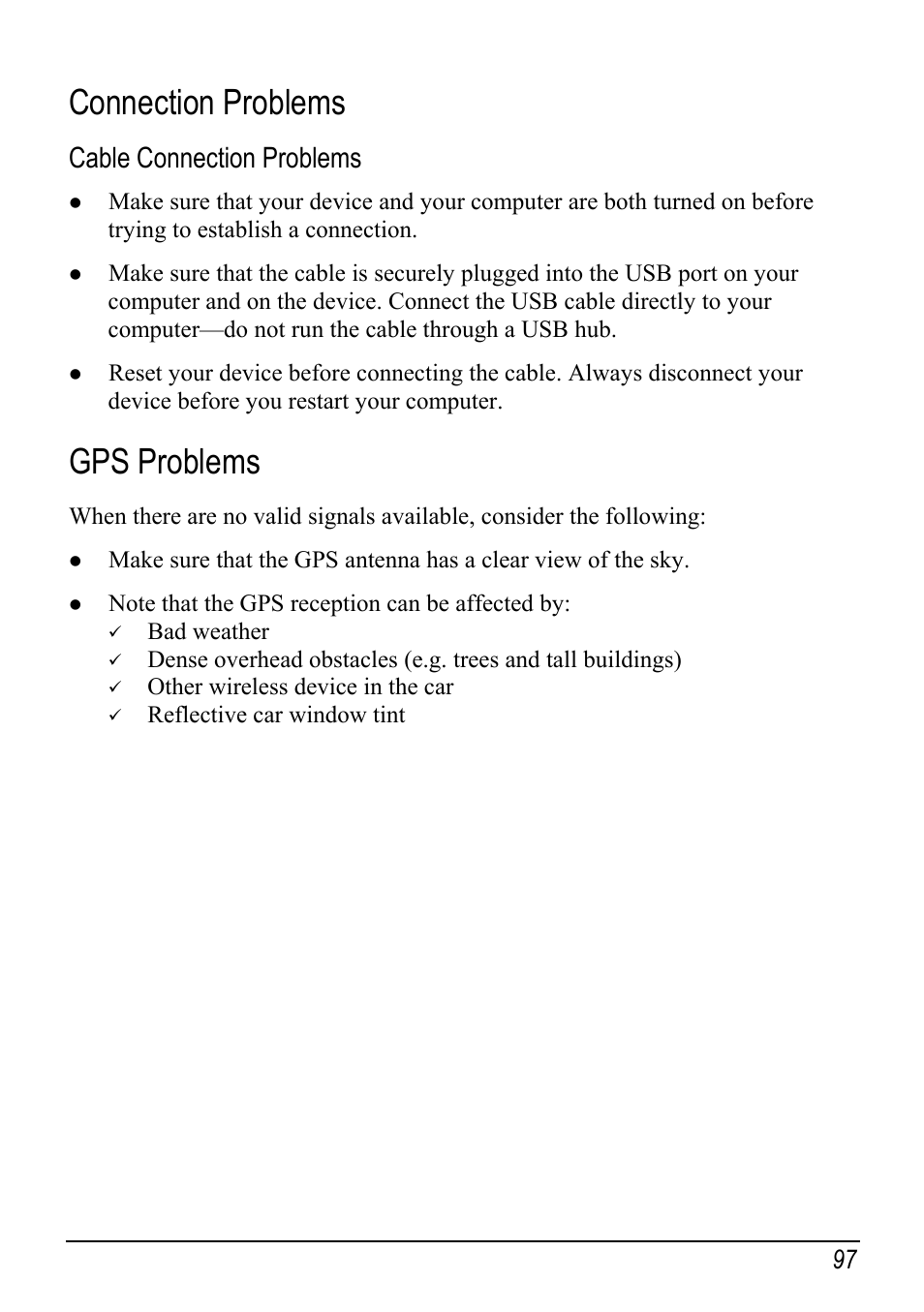 Connection problems, Cable connection problems, Gps problems | Mio H610 User Manual | Page 105 / 110