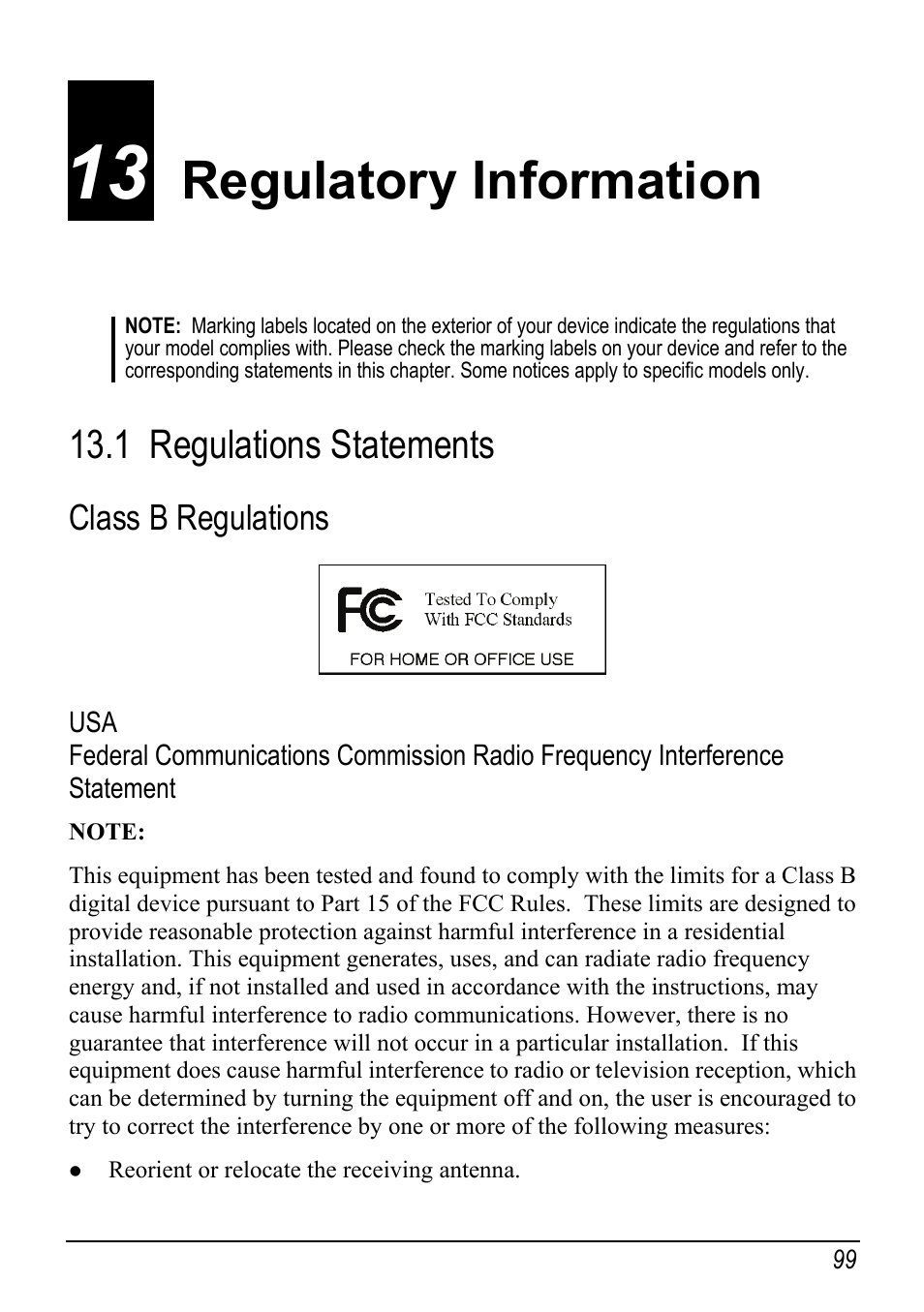 13 regulatory information, 1 regulations statements, Class b regulations | Regulatory information, Regulations statements | Mio H610 User Manual | Page 107 / 110