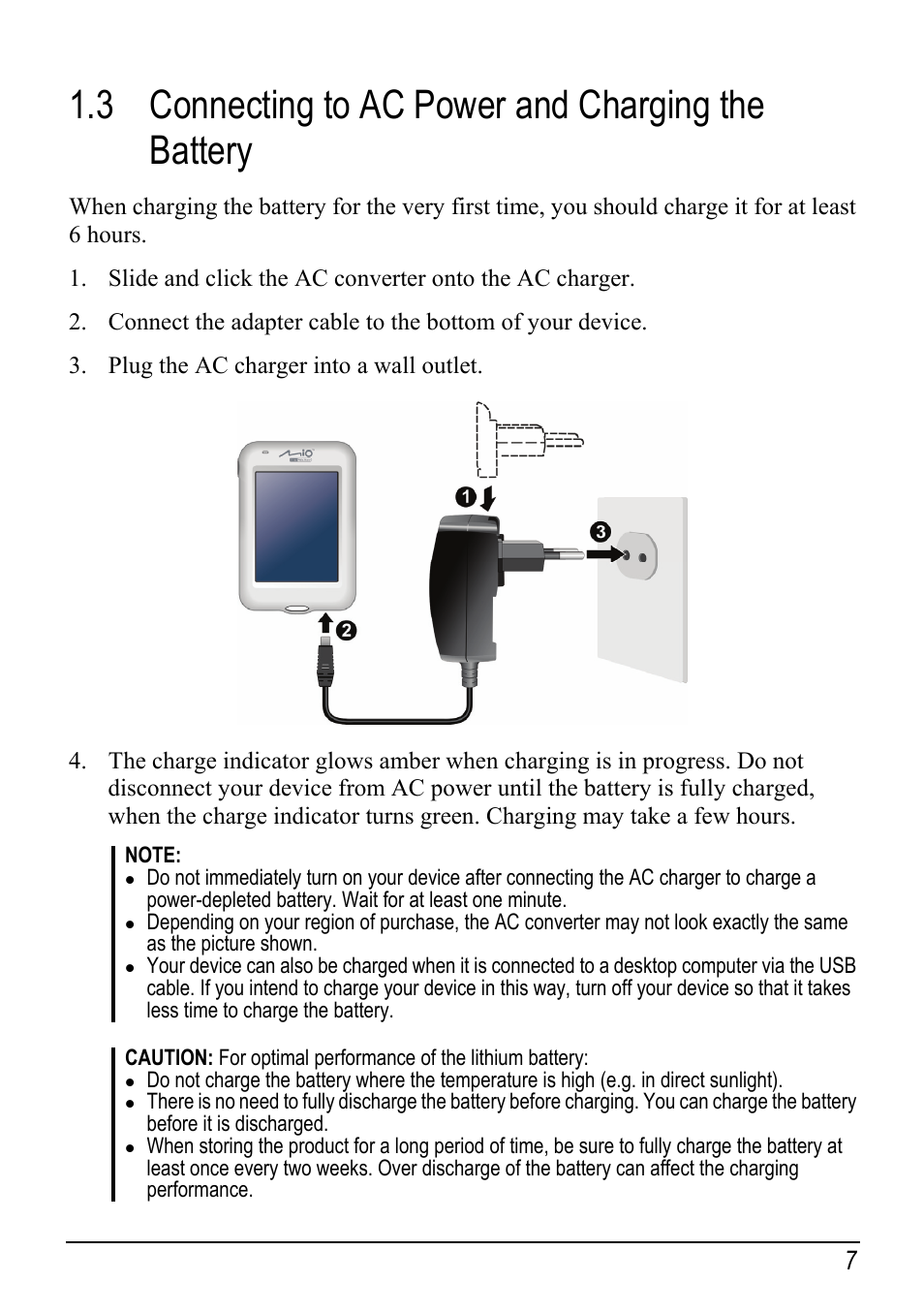 3 connecting to ac power and charging the battery, Connecting to ac power and charging the battery | Mio H610 User Manual | Page 15 / 110