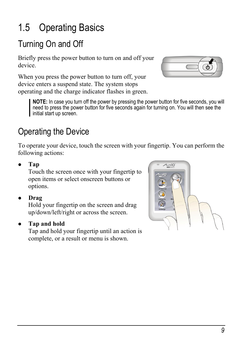 5 operating basics, Turning on and off, Operating the device | Operating basics | Mio H610 User Manual | Page 17 / 110