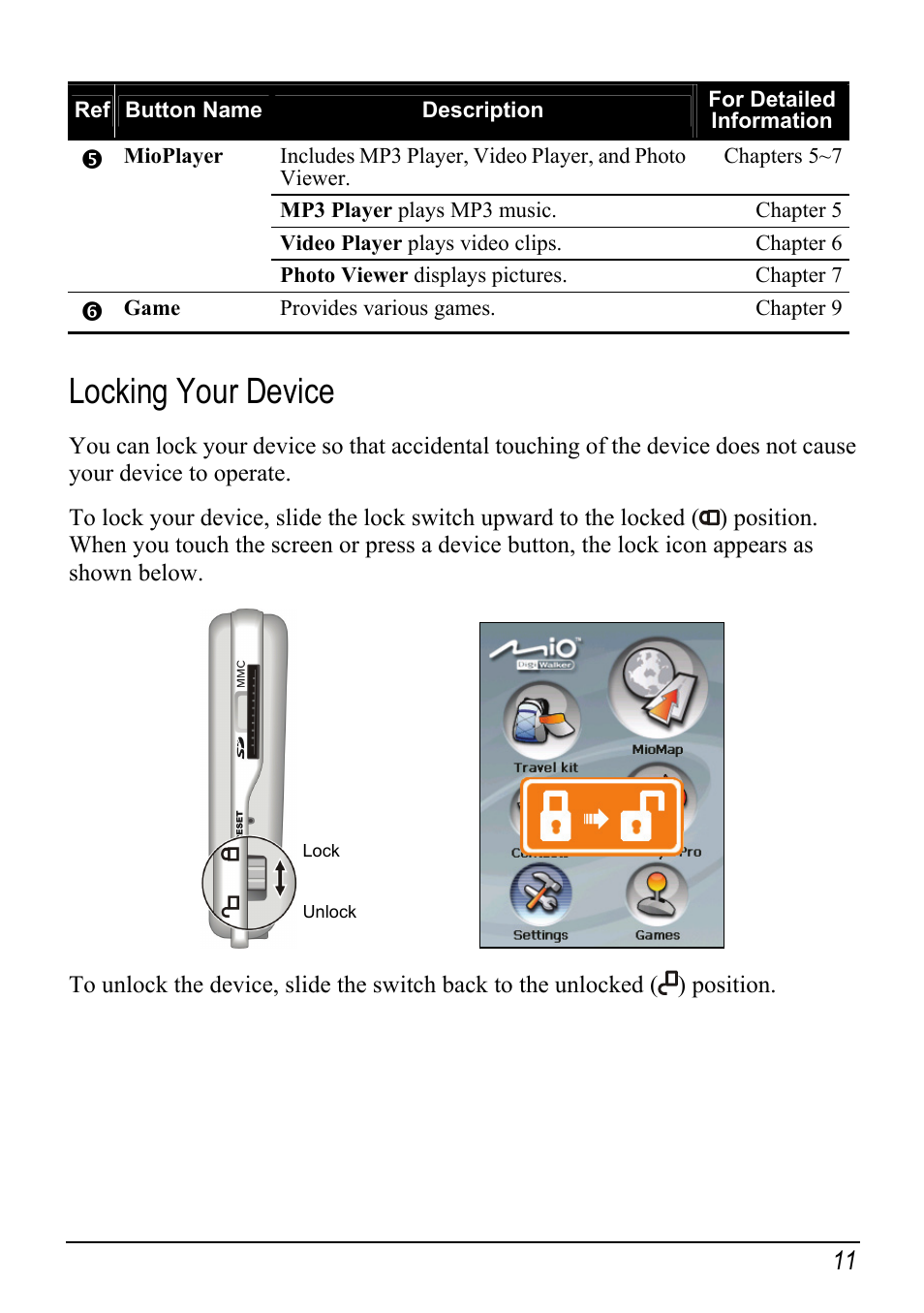 Locking your device | Mio H610 User Manual | Page 19 / 110