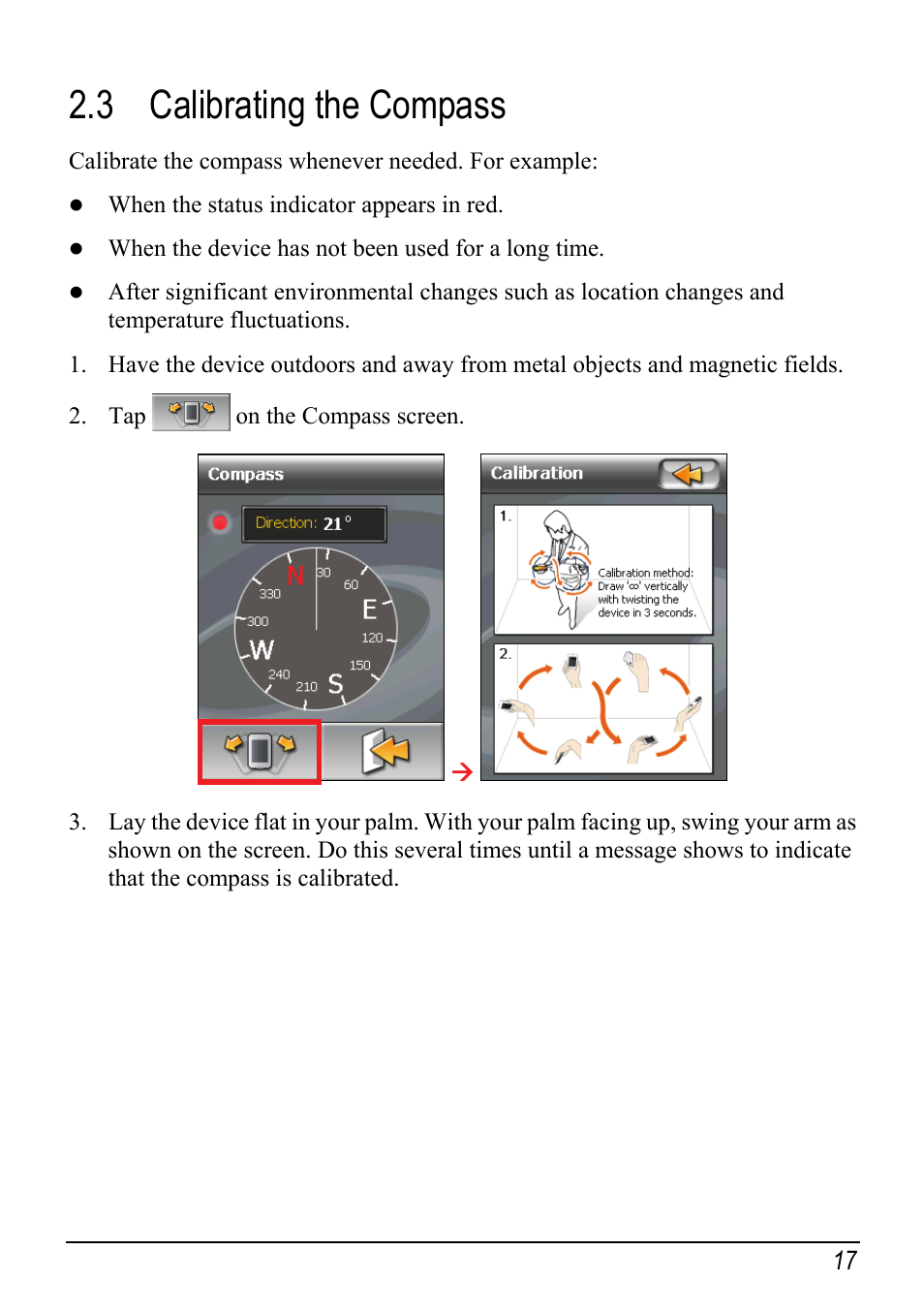 3 calibrating the compass, Calibrating the compass | Mio H610 User Manual | Page 25 / 110
