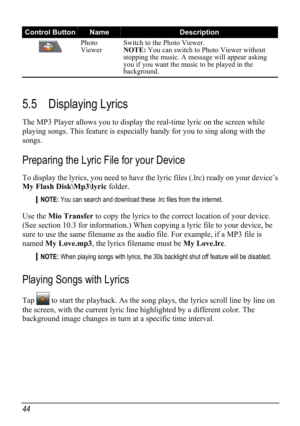 5 displaying lyrics, Preparing the lyric file for your device, Playing songs with lyrics | Displaying lyrics | Mio H610 User Manual | Page 52 / 110