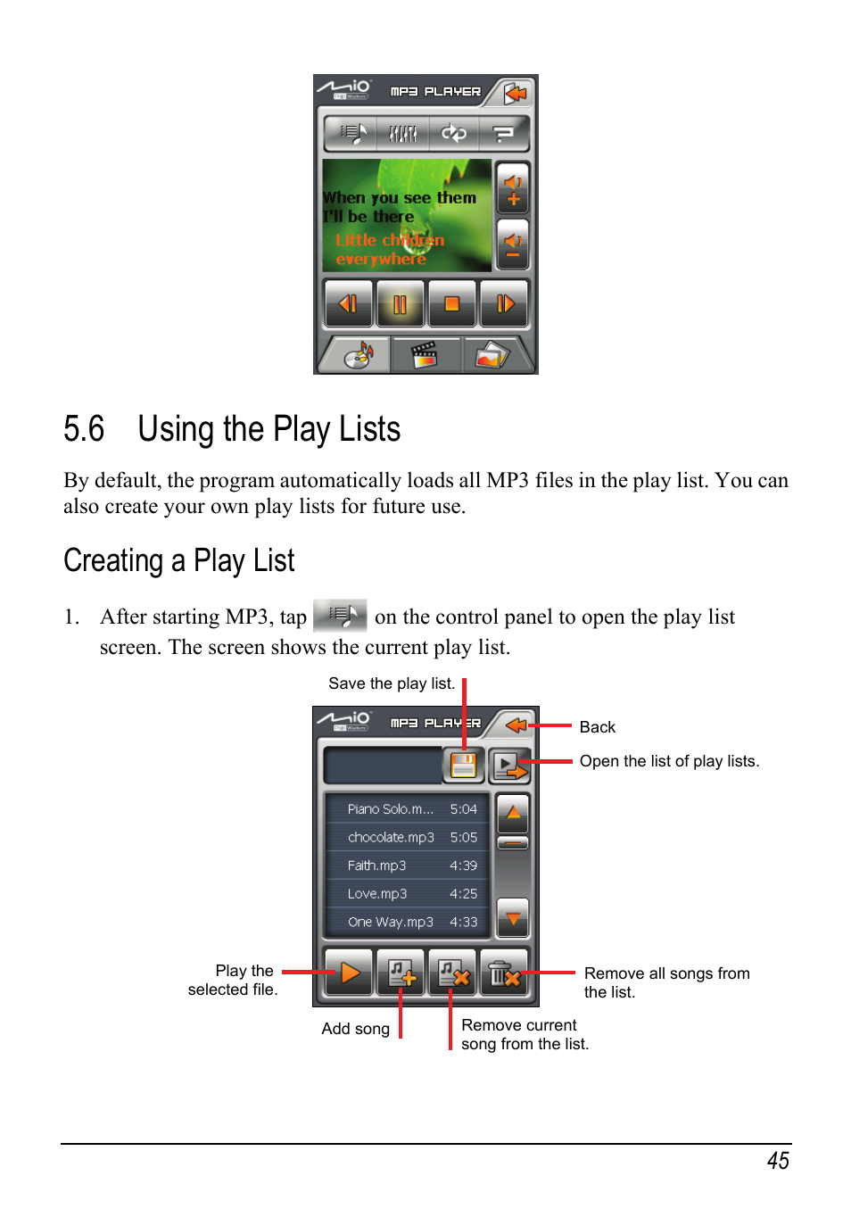 6 using the play lists, Creating a play list, Using the play lists | Mio H610 User Manual | Page 53 / 110