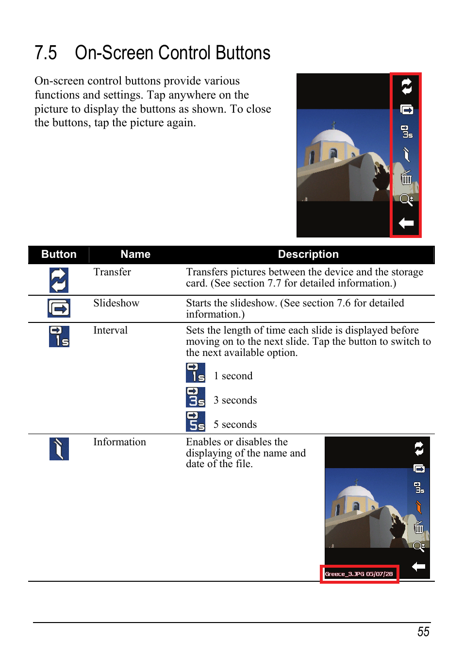 5 on-screen control buttons, On-screen control buttons | Mio H610 User Manual | Page 63 / 110