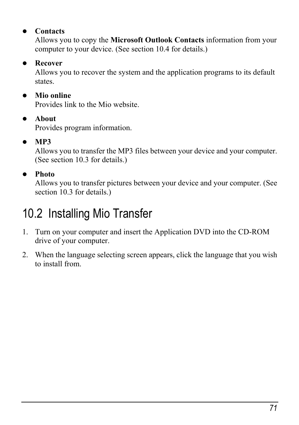 2 installing mio transfer, Installing mio transfer | Mio H610 User Manual | Page 79 / 110