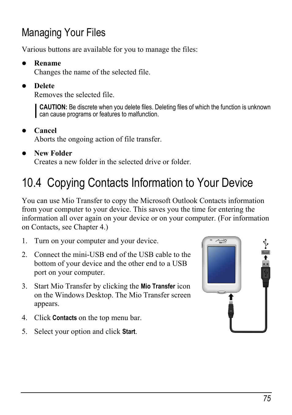 Managing your files, 4 copying contacts information to your device, Copying contacts information to your device | Mio H610 User Manual | Page 83 / 110