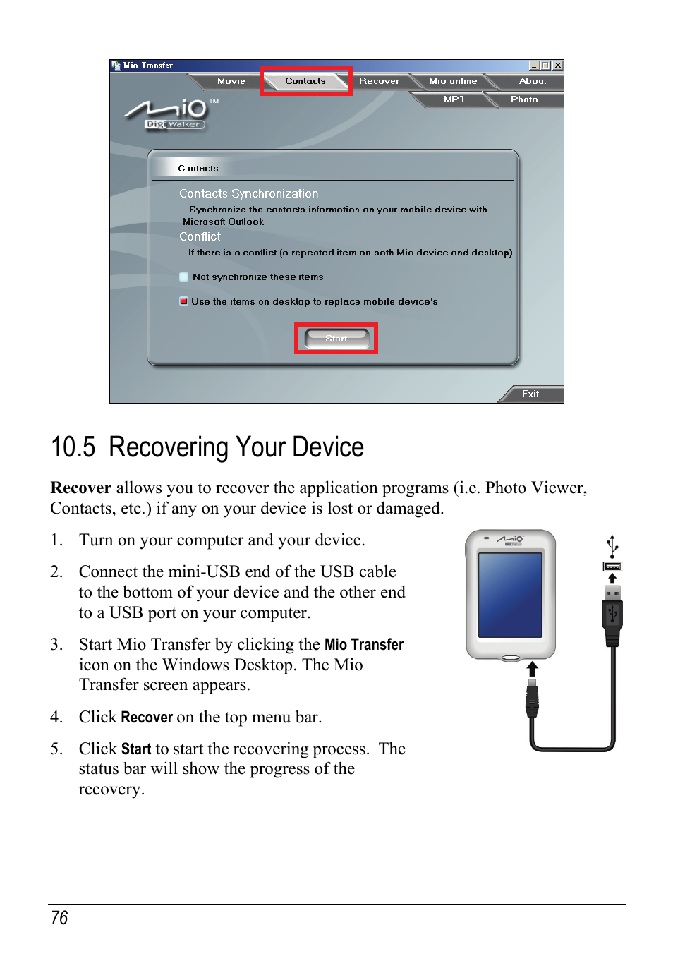 5 recovering your device, Recovering your device | Mio H610 User Manual | Page 84 / 110