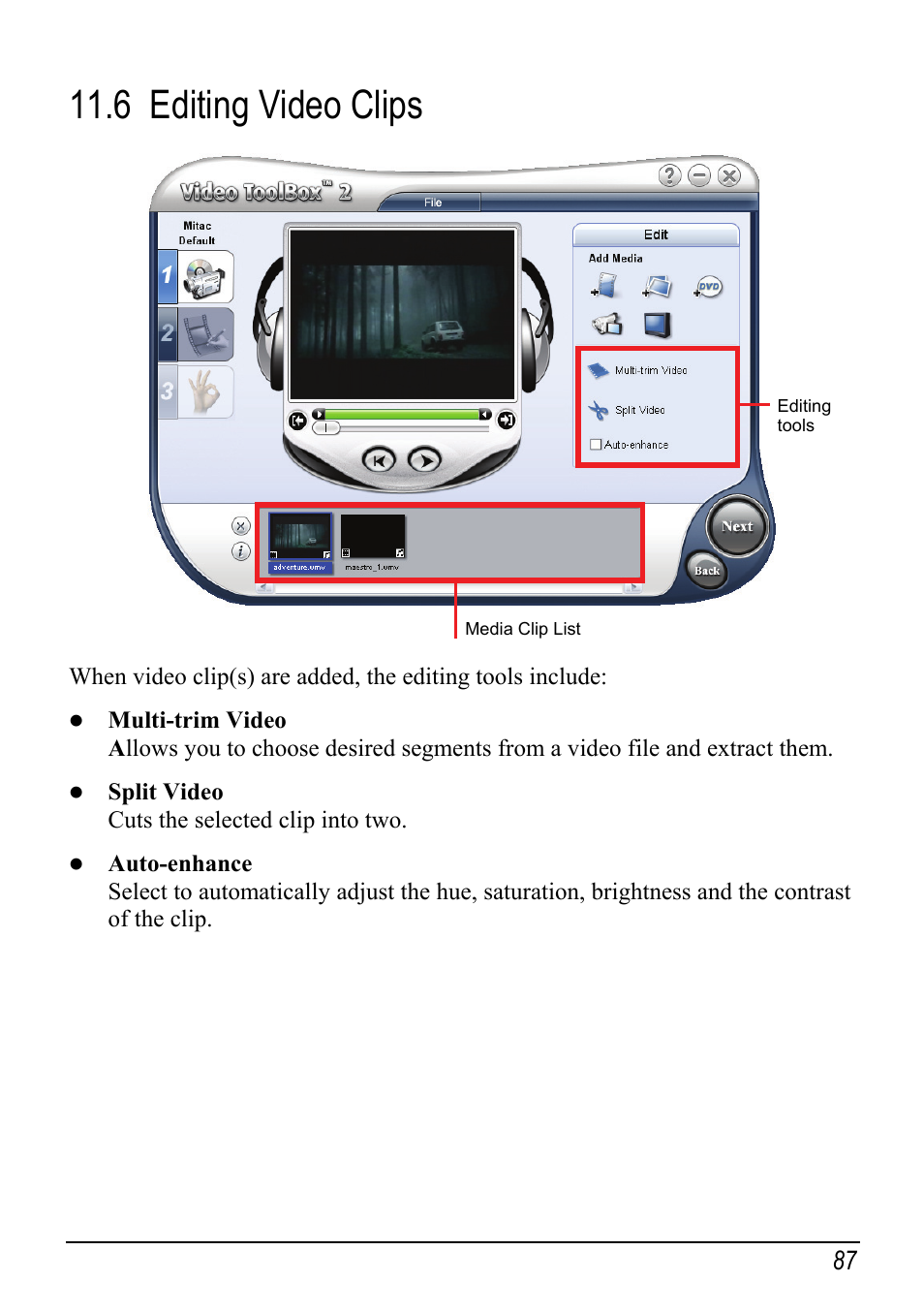 6 editing video clips, Editing video clips | Mio H610 User Manual | Page 95 / 110