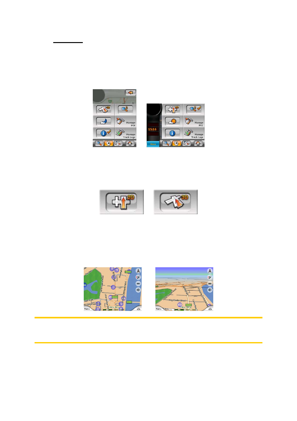 2 quick tab, 1 2d / 3d map (switch), 2 zoom & tilt (switch) | Quick menu (4.6.2.2) | Mio P350 User Manual | Page 45 / 105