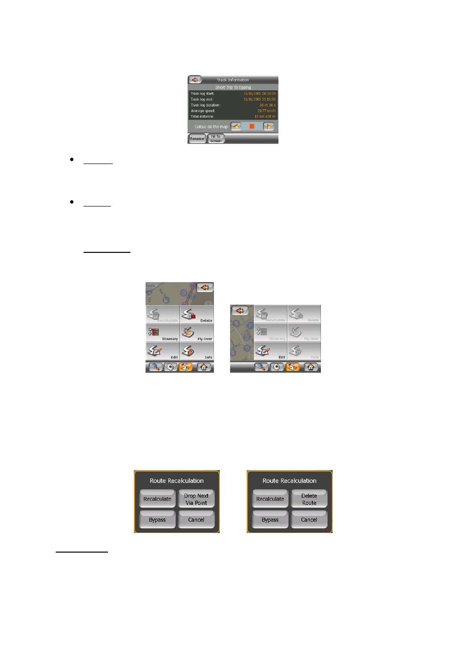 3 route tab, 1 recalculate, Recalculate | Tap it to get to the route menu (4.6.3, 3). without an act | Mio P350 User Manual | Page 52 / 105