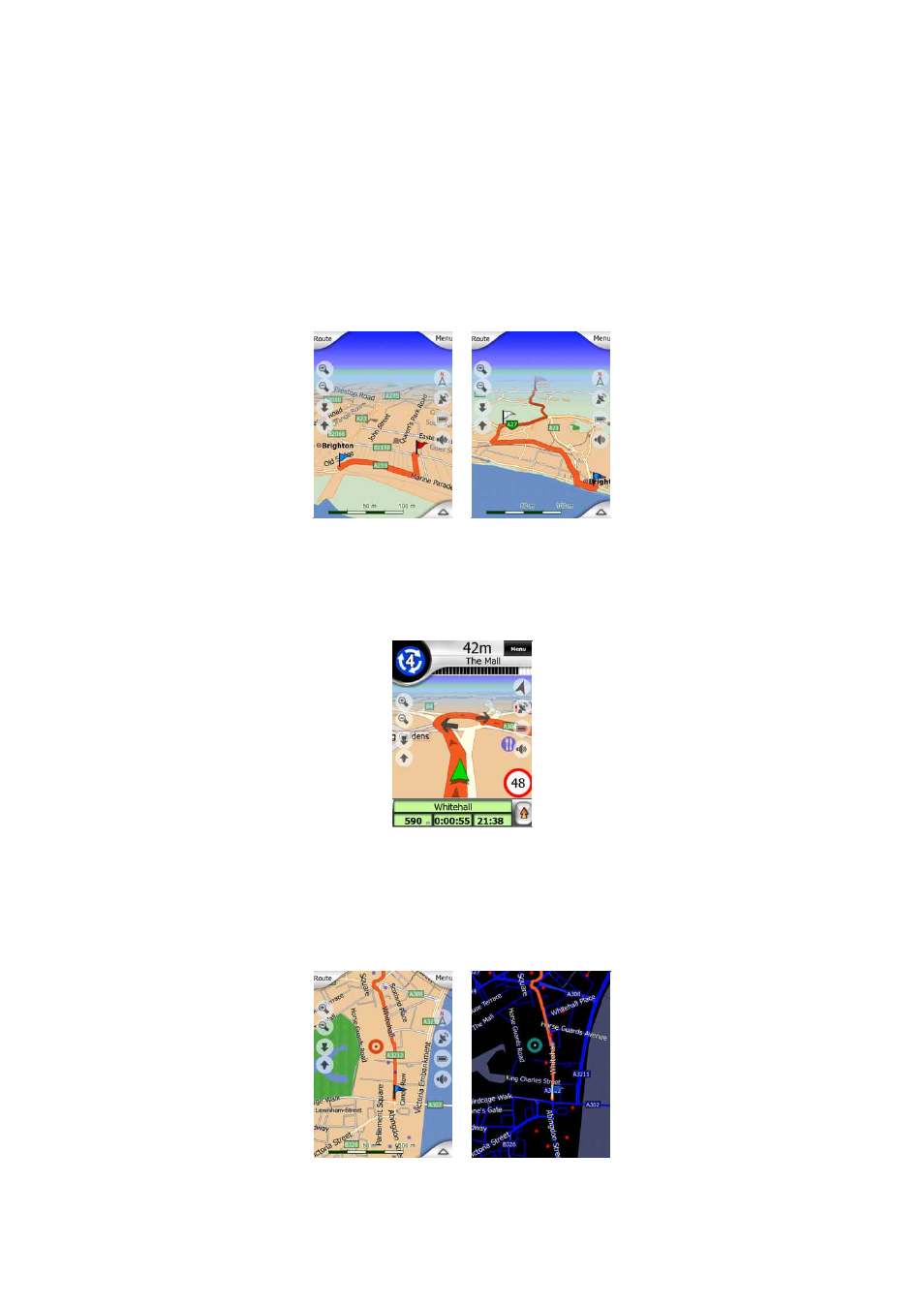 Elements of the active route, The start point, via points and the destination, Animated turn guidance | The route line, 1 the start point, via points and the, 18 4.1.8.2 animated, Turn guidance, 3 the, Route line, 4 roads in the route ex | Mio MioMap v3.2 User Manual | Page 18 / 83